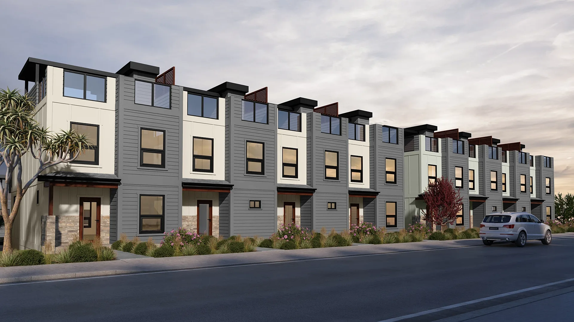 Street-level exterior 3D render of a row of three-storey townhouses