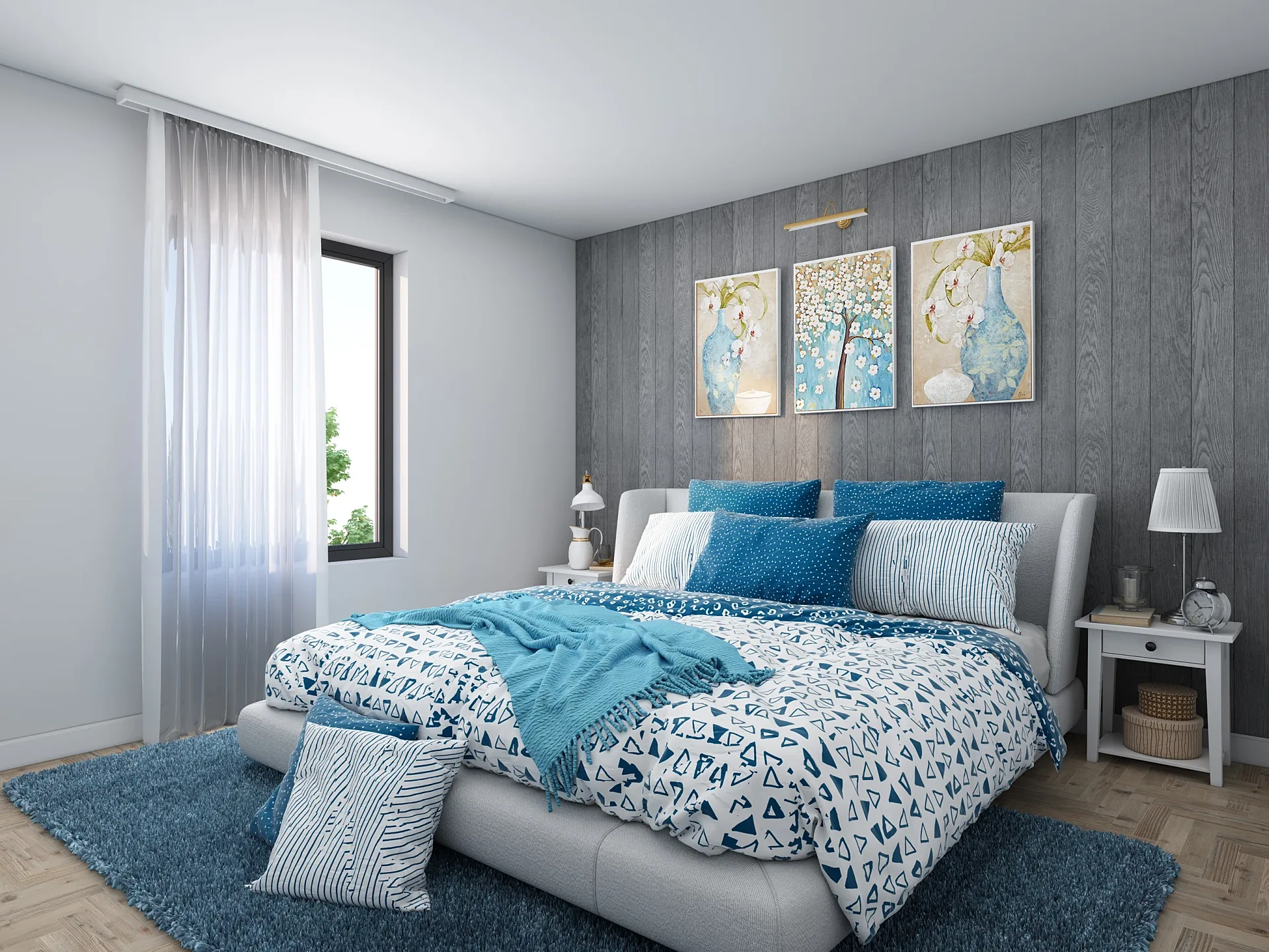 Interior 3D render of an apartment bedroom in a blue scheme