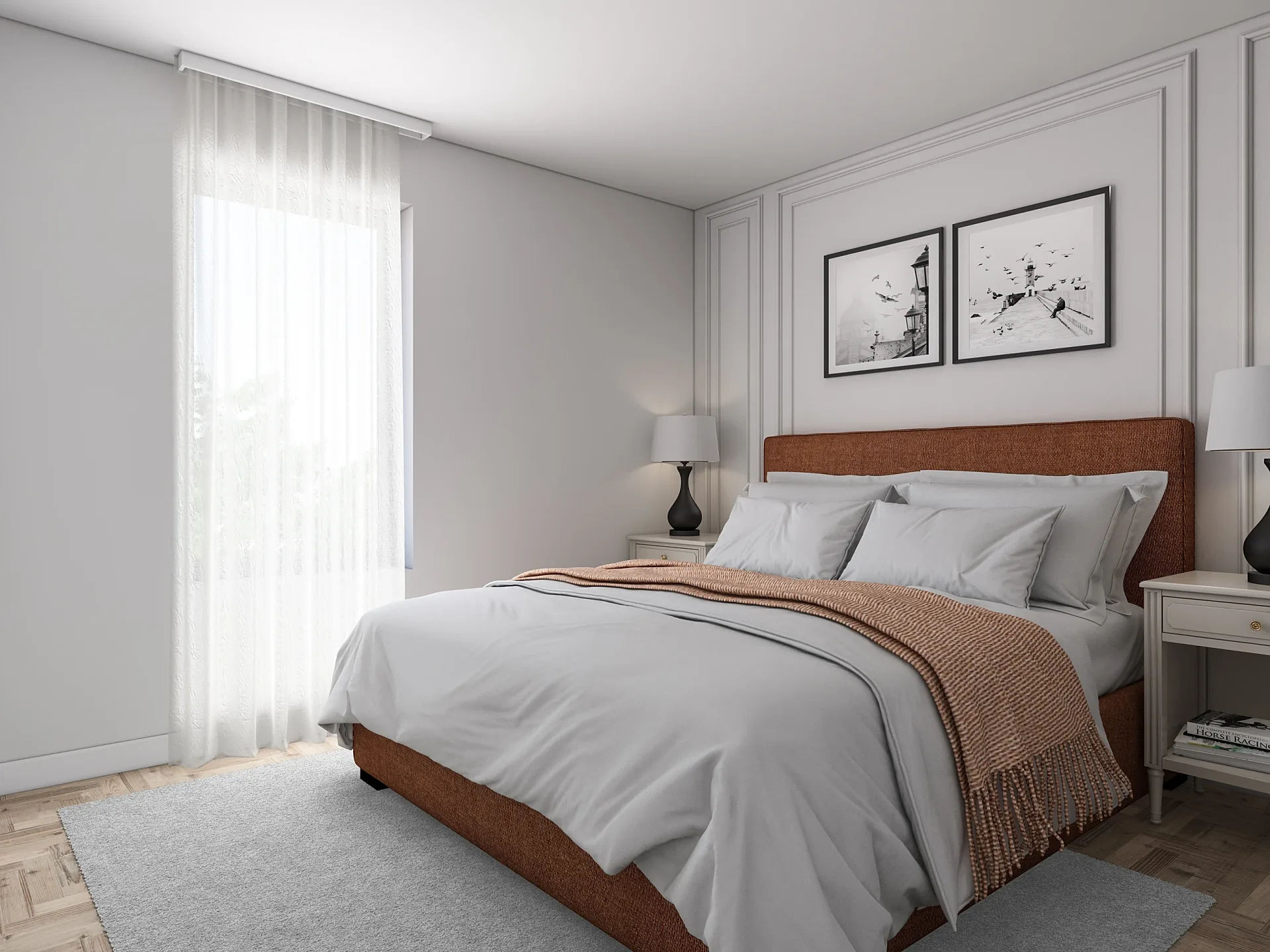 Interior 3D render of an apartment bedroom in a neutral scheme