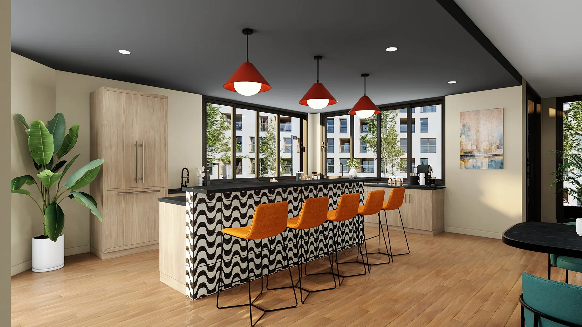 Interior 3D render of an apartment clubroom with demonstration kitchen