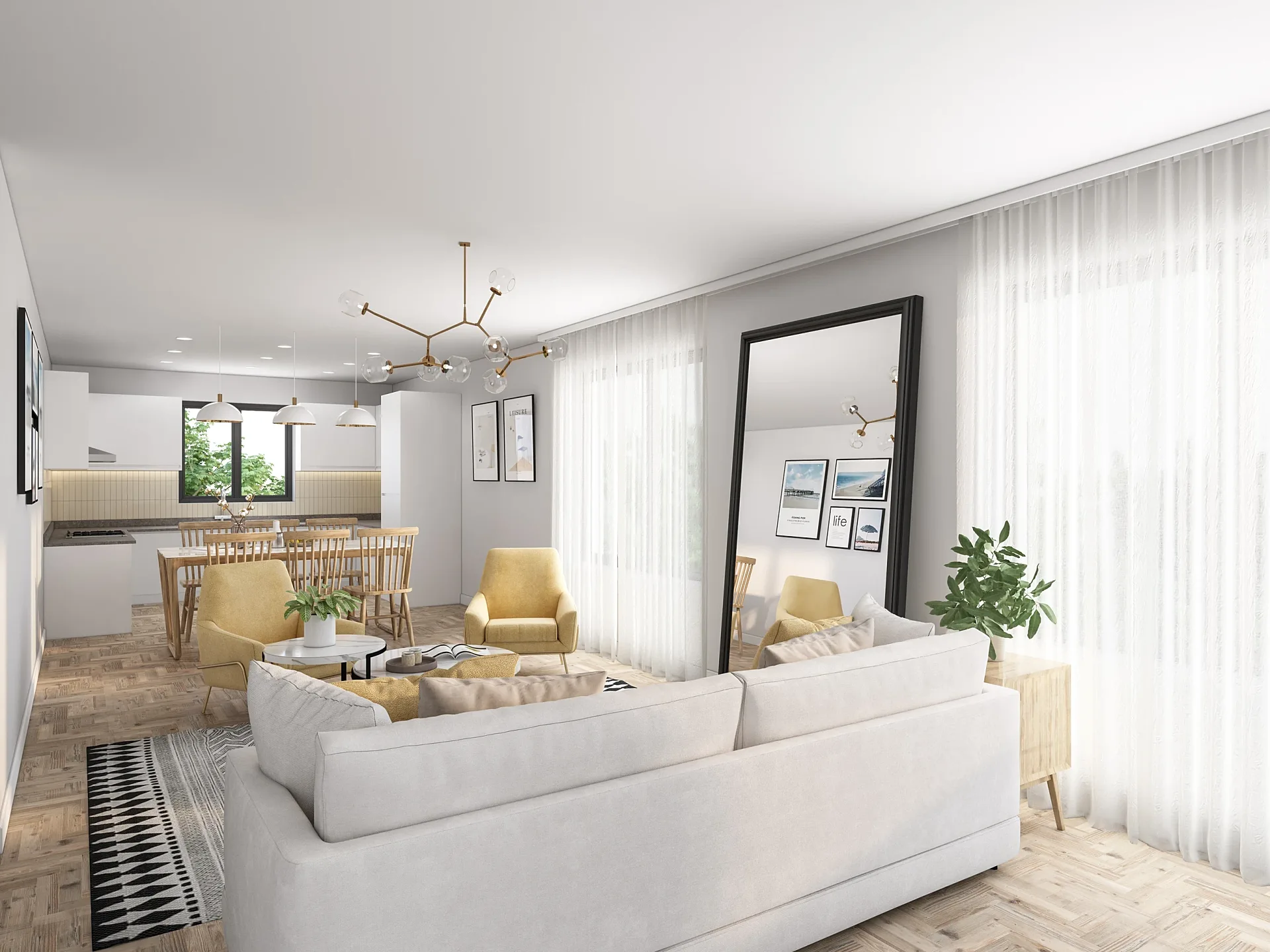 Interior 3D render of an apartment living and dining area