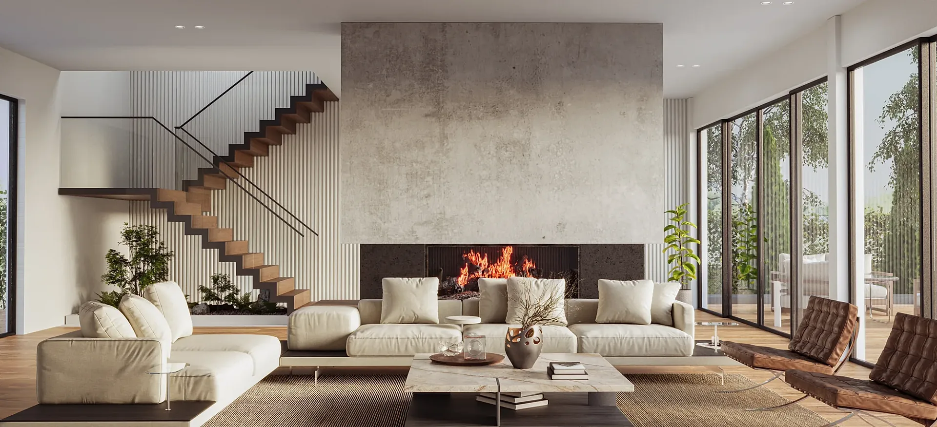 Interior 3D render of an apartment living room with feature fireplace