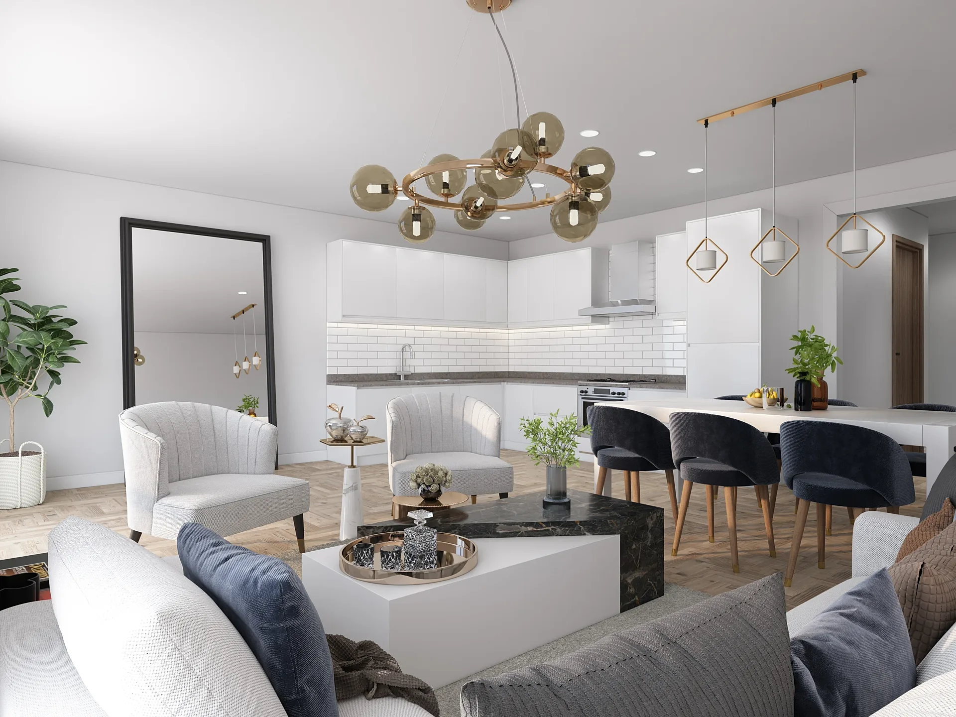 Interior 3D render of an open-plan apartment kitchen and living room