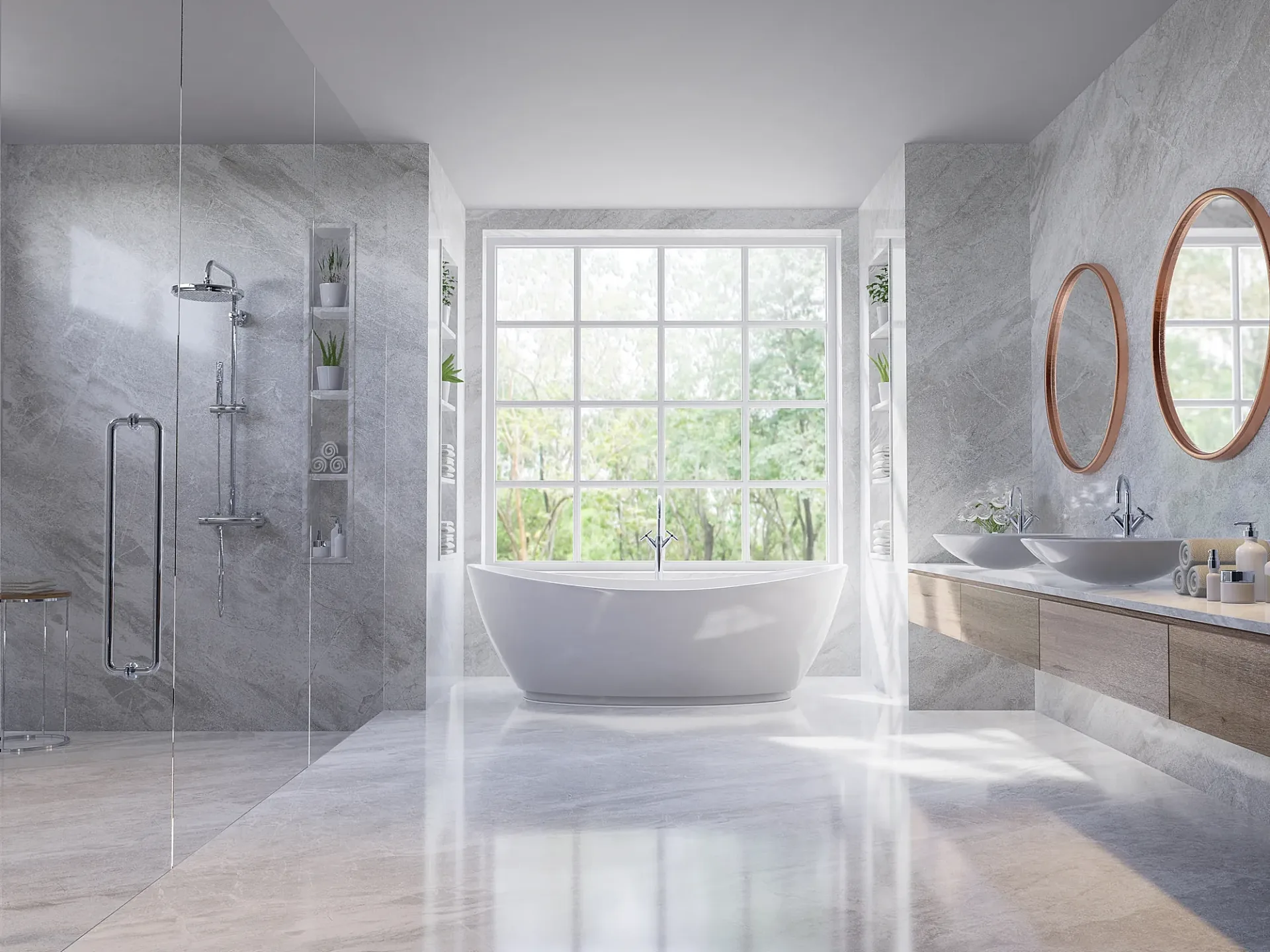 Interior 3D render of a bathroom with twin basins and walk-in shower