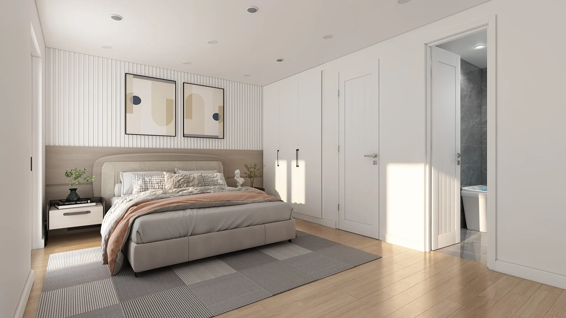 Interior 3D render of a bedroom with ensuite door