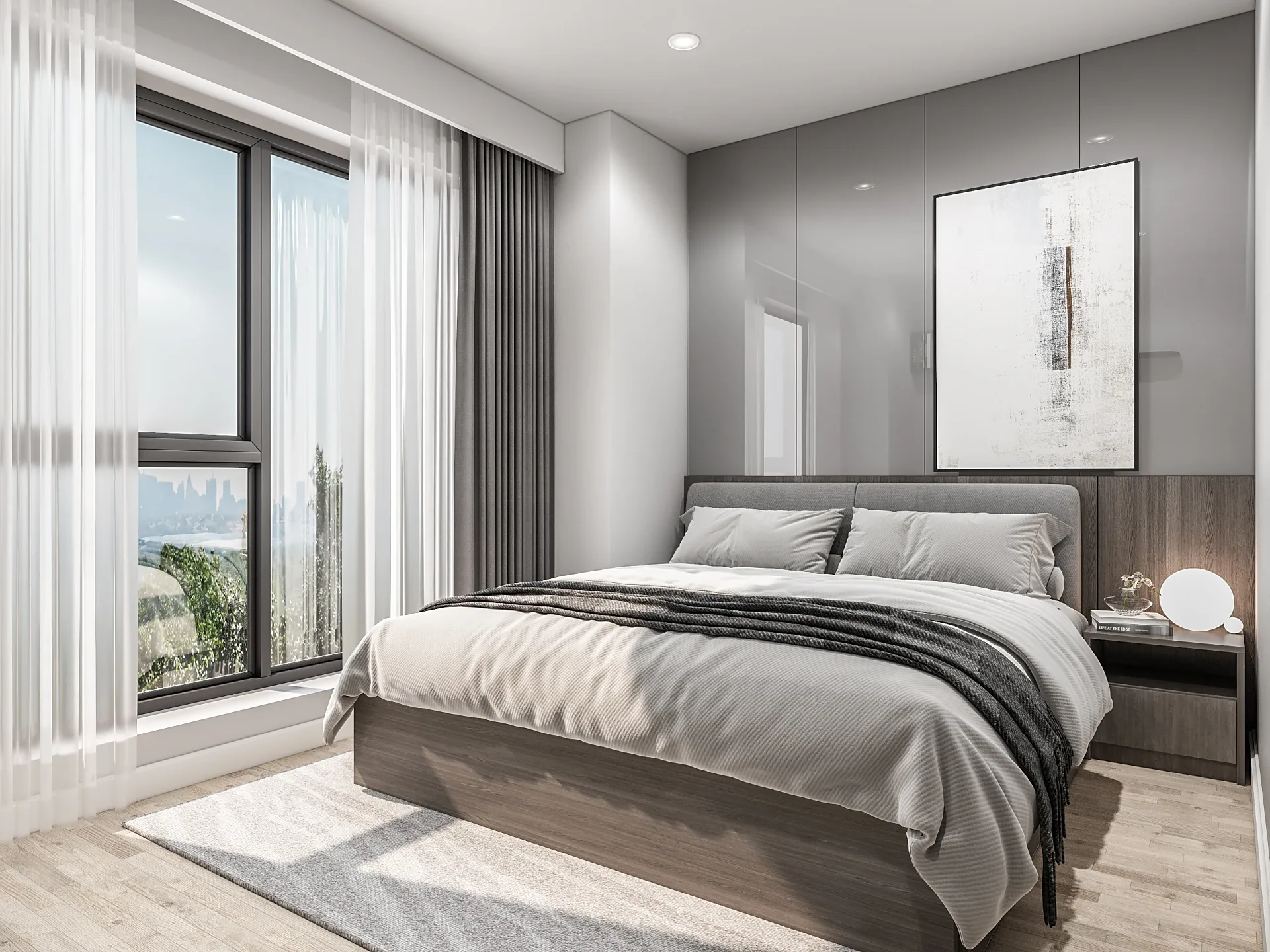 Interior 3D render of a bedroom with garden outlook