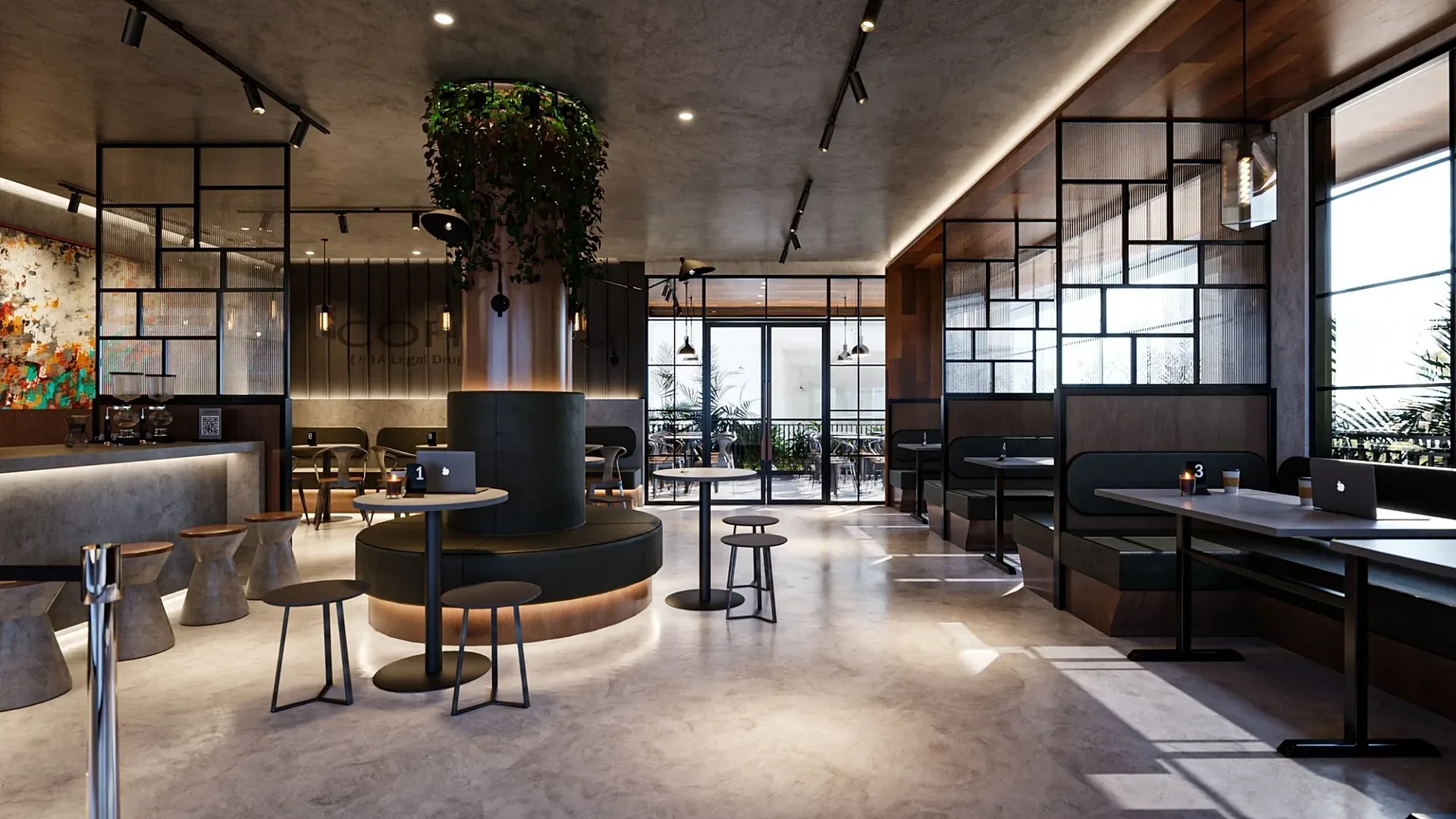 Interior 3D render of a cafe bar area with pendant lighting and hanging plants