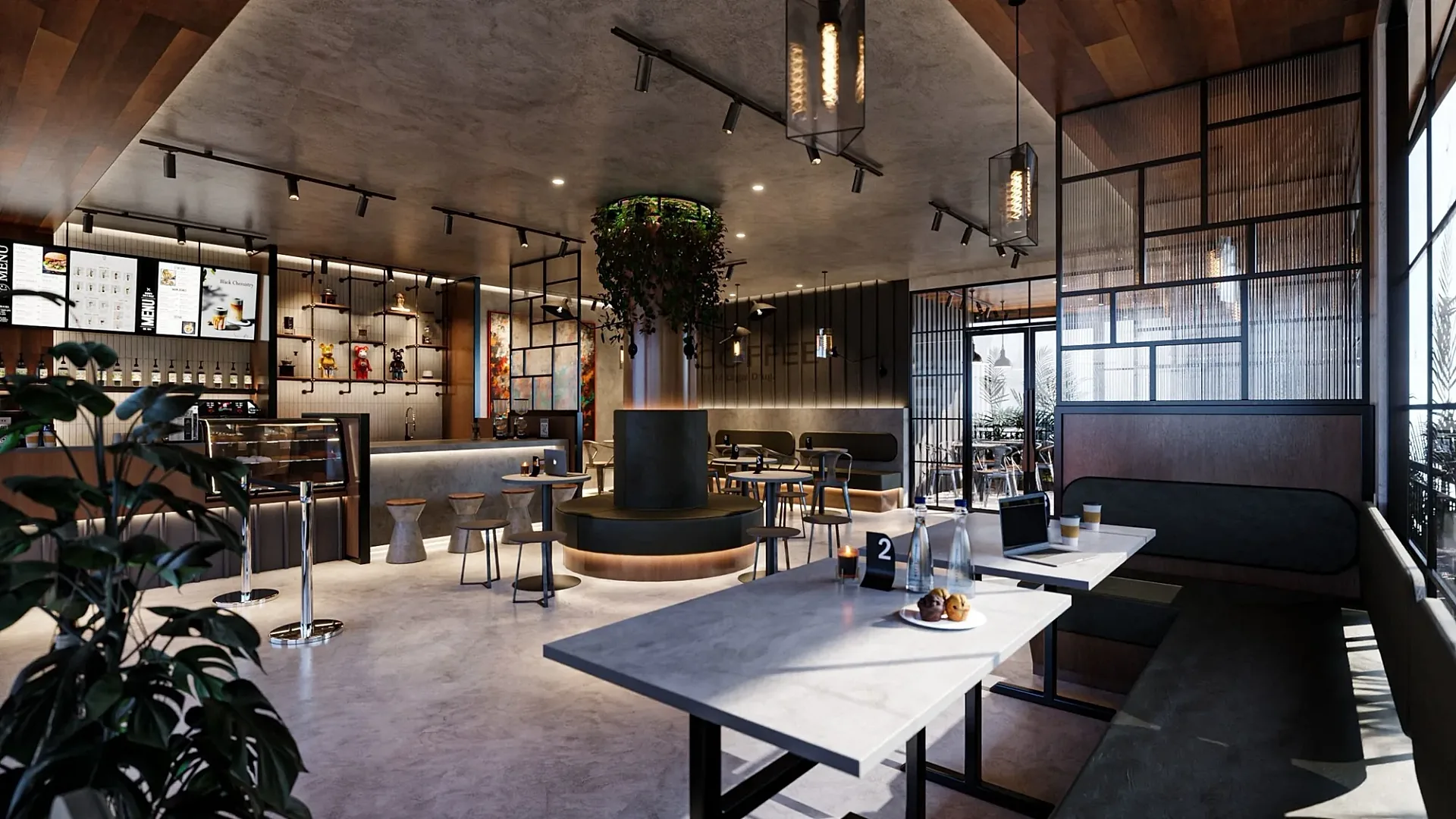 Interior 3D render of a boutique cafe counter with timber ceiling and booth seating