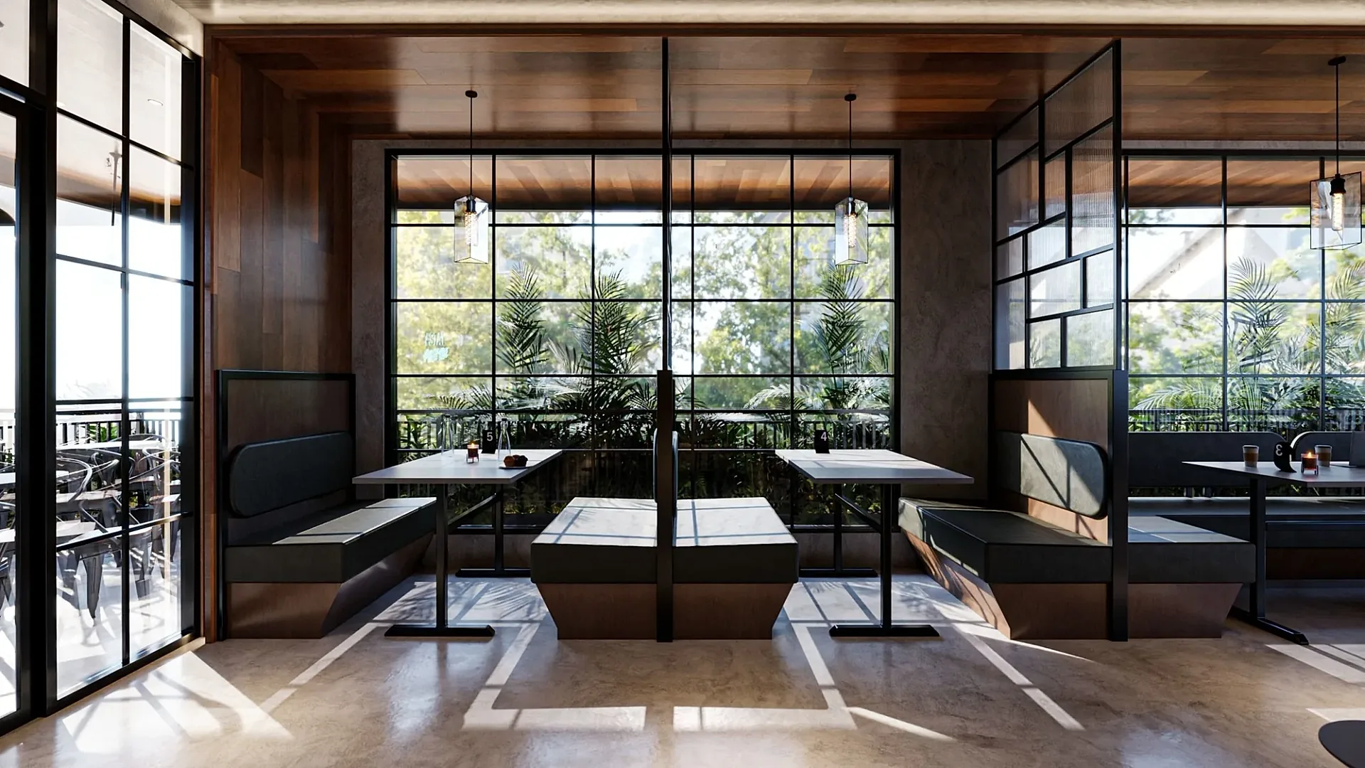 Interior 3D render of cafe window booths with steel-framed glazing