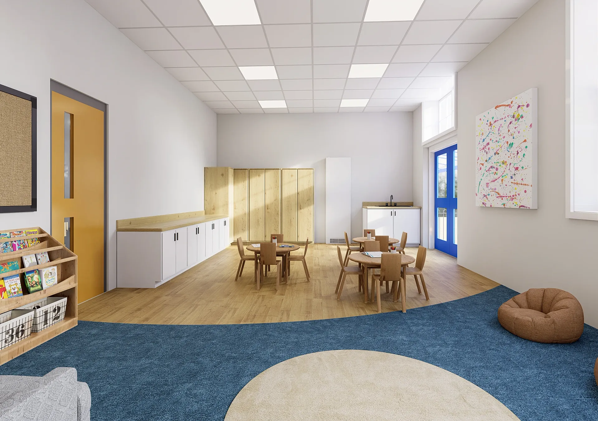 Interior 3D render of a childcare centre activity room with reading corner