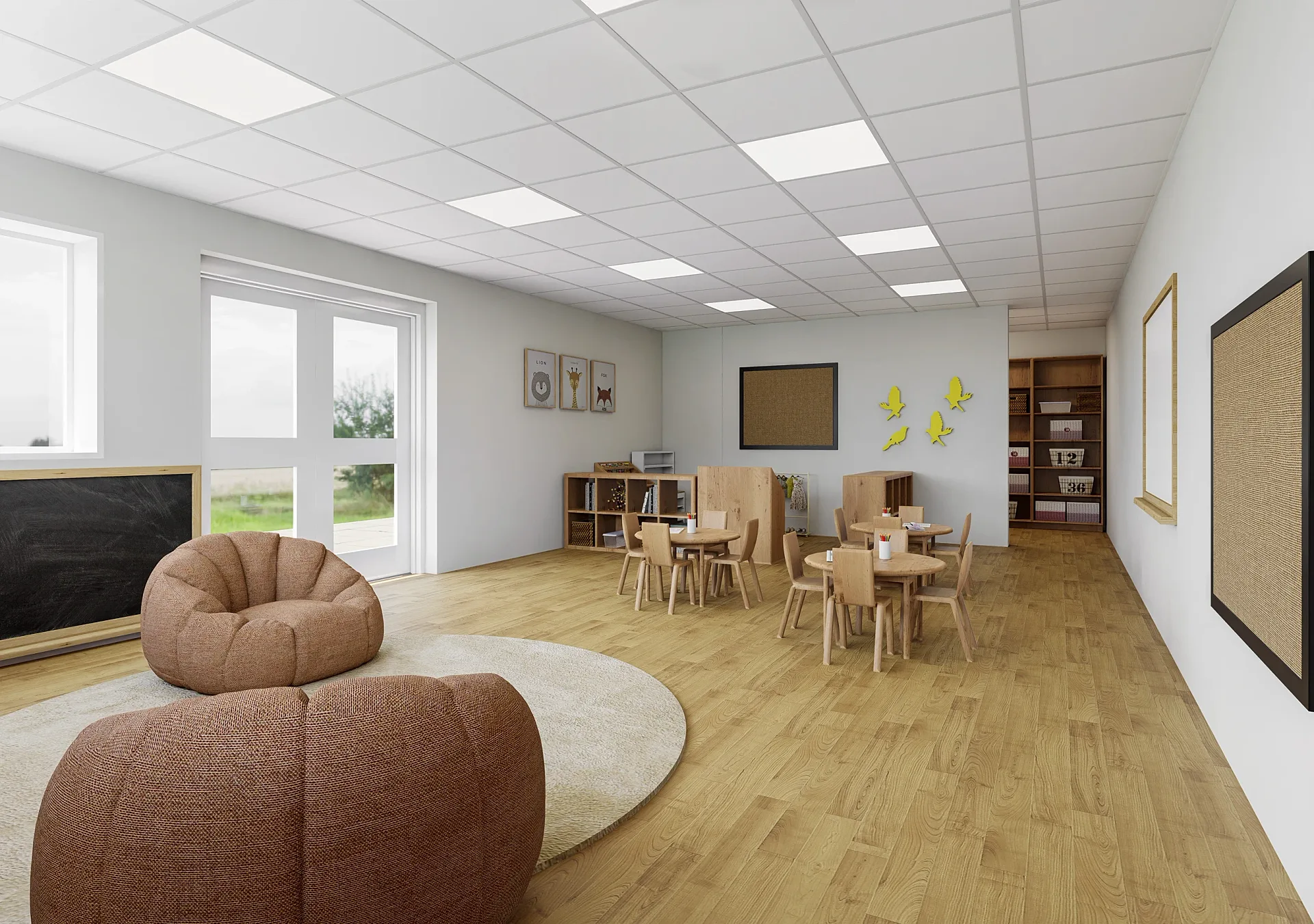 Interior 3D render of a childcare centre room with soft seating