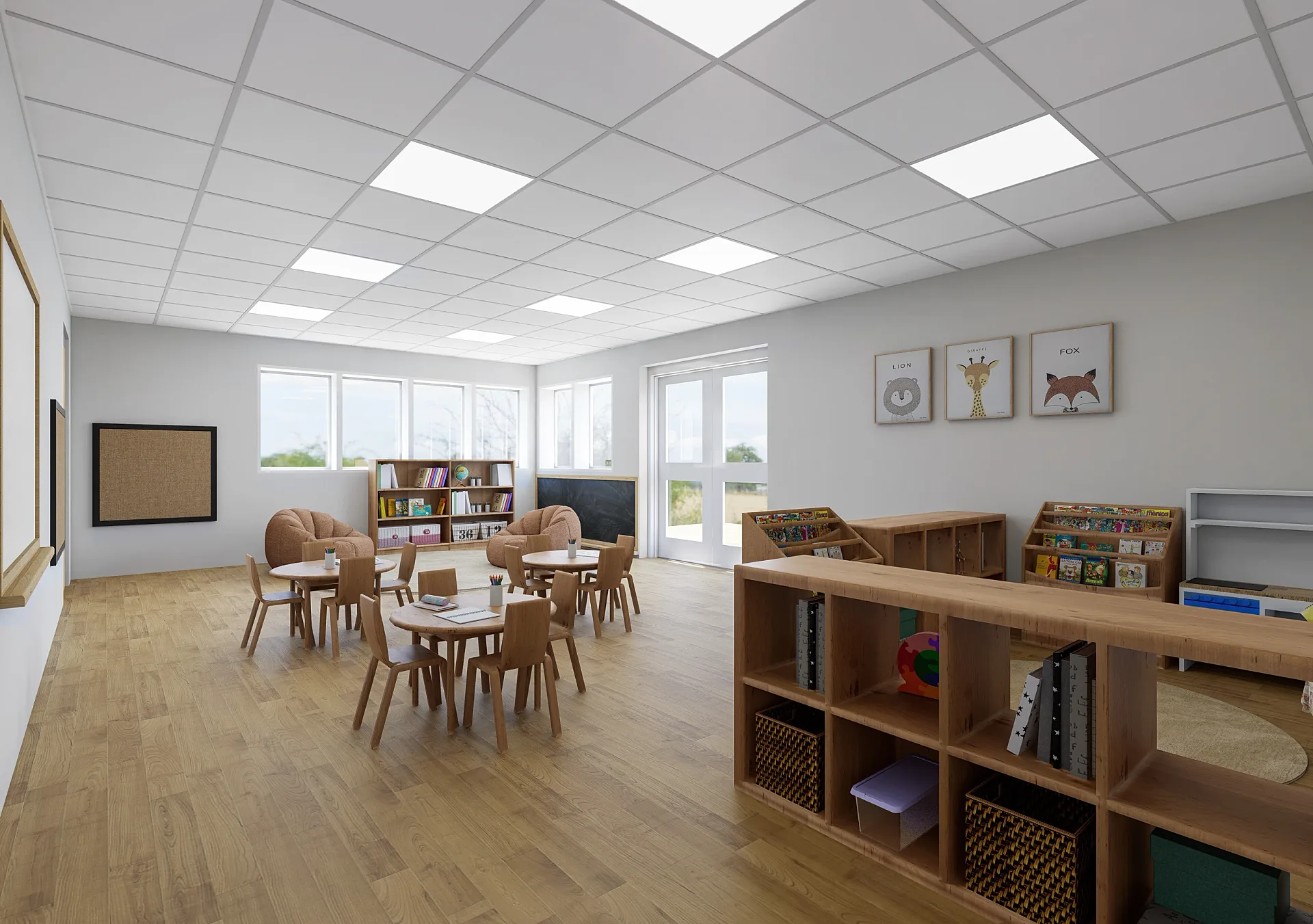 Interior 3D render of a childcare centre room with low storage units