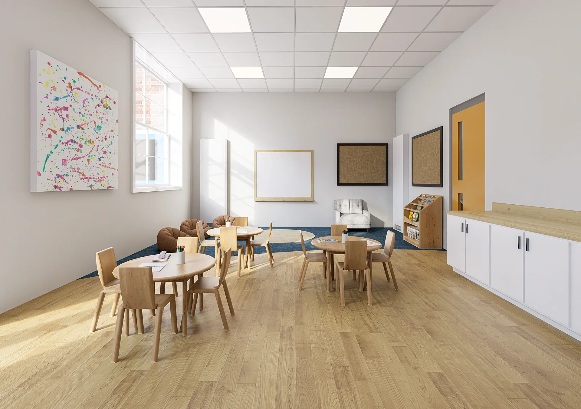 Interior 3D render of a childcare centre activity room with small tables