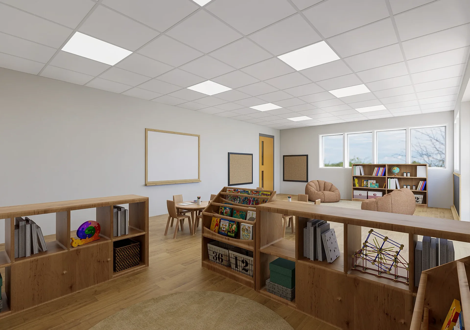 Interior 3D render of a childcare centre room with whiteboard wall