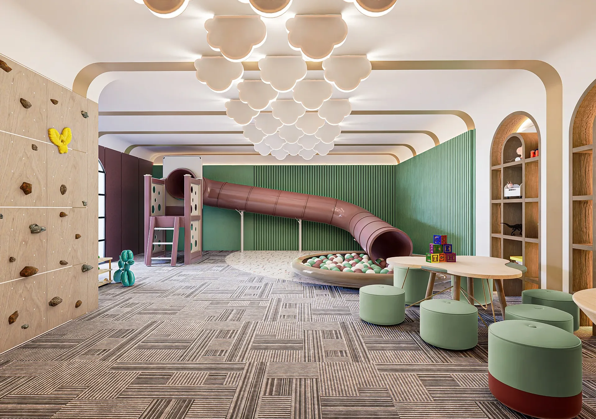 Interior 3D render of a childrens play centre with slide and ball pit