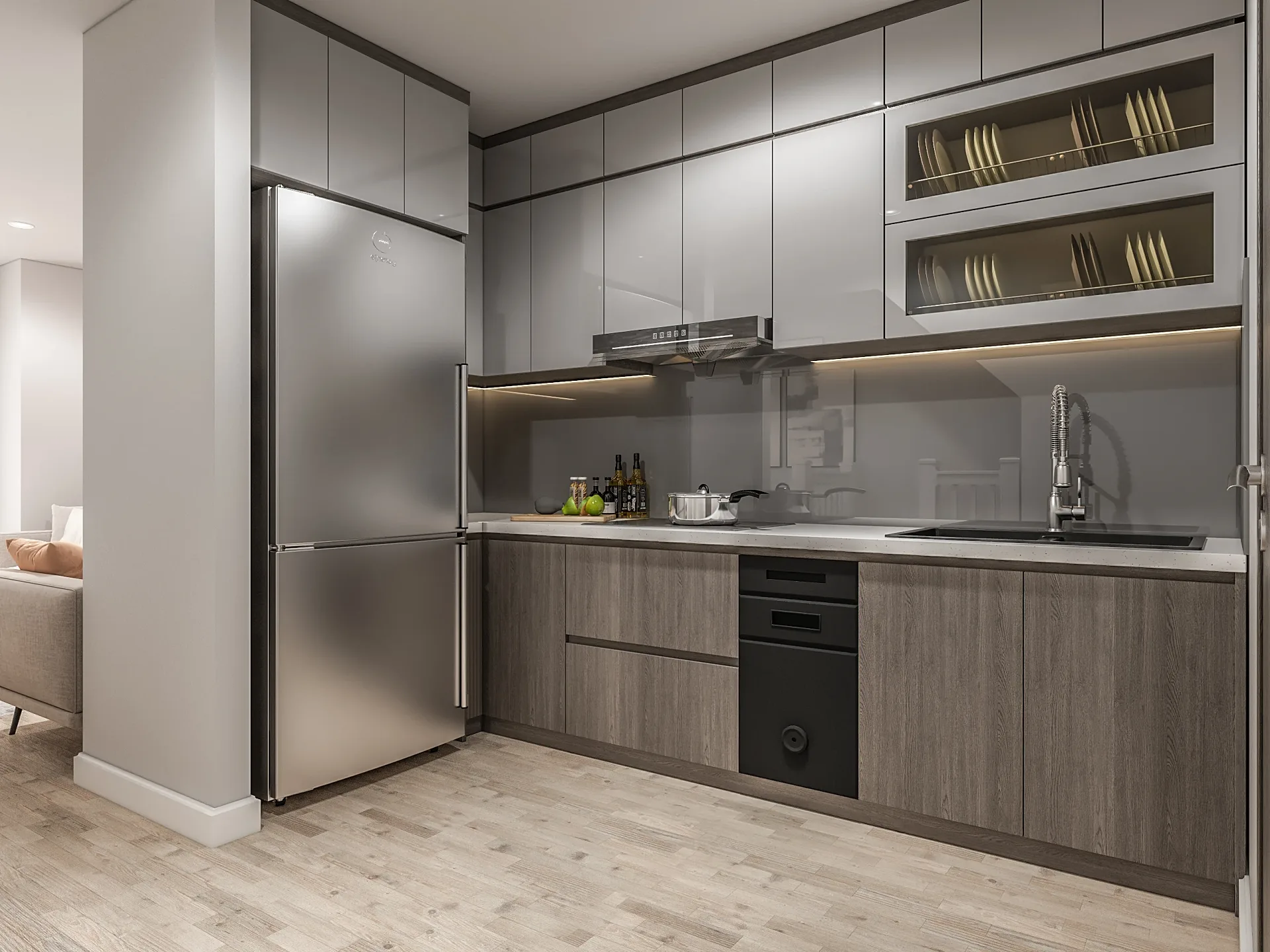 Interior 3D render of a compact townhouse kitchen with grey cabinets
