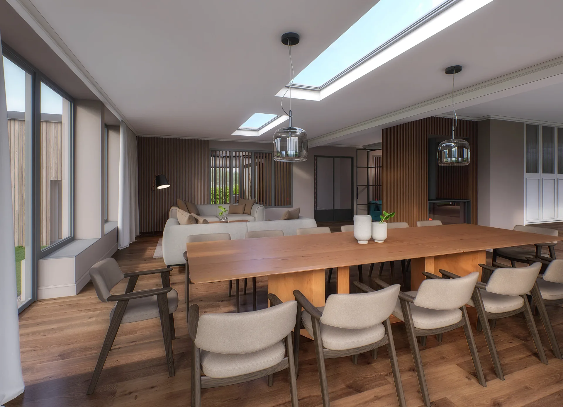Interior 3D render of a dining area under skylights