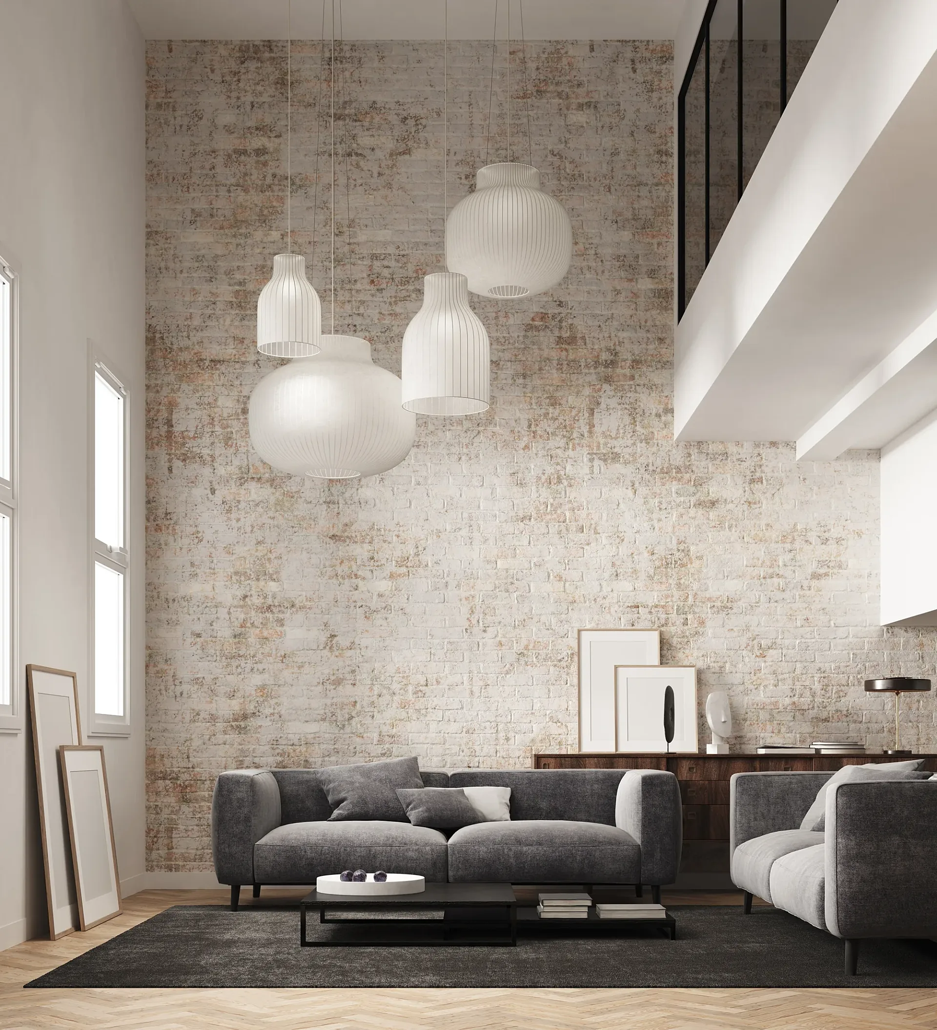 Interior 3D render of a double-height loft lounge with pendant lights