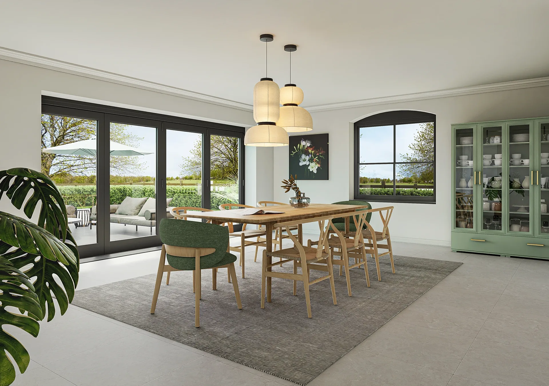 Interior 3D render of an eating space with garden doors