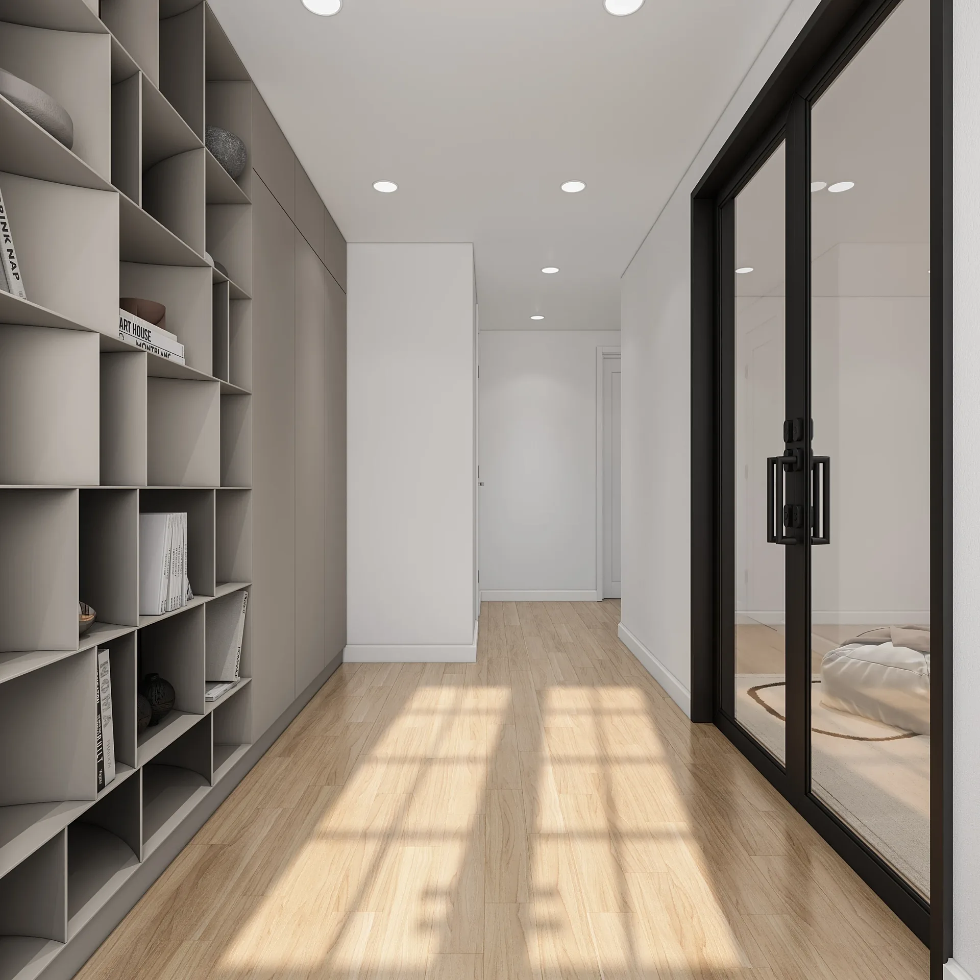 Interior 3D render of an entrance lobby with glass doors