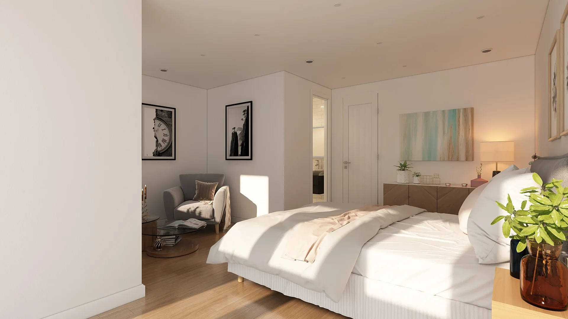 Interior 3D render of a first-floor bedroom