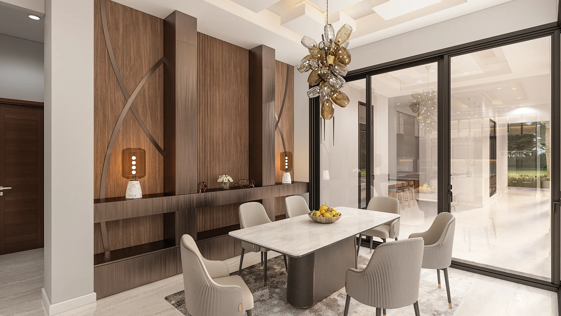 Interior 3D render of a formal dining room with feature lighting