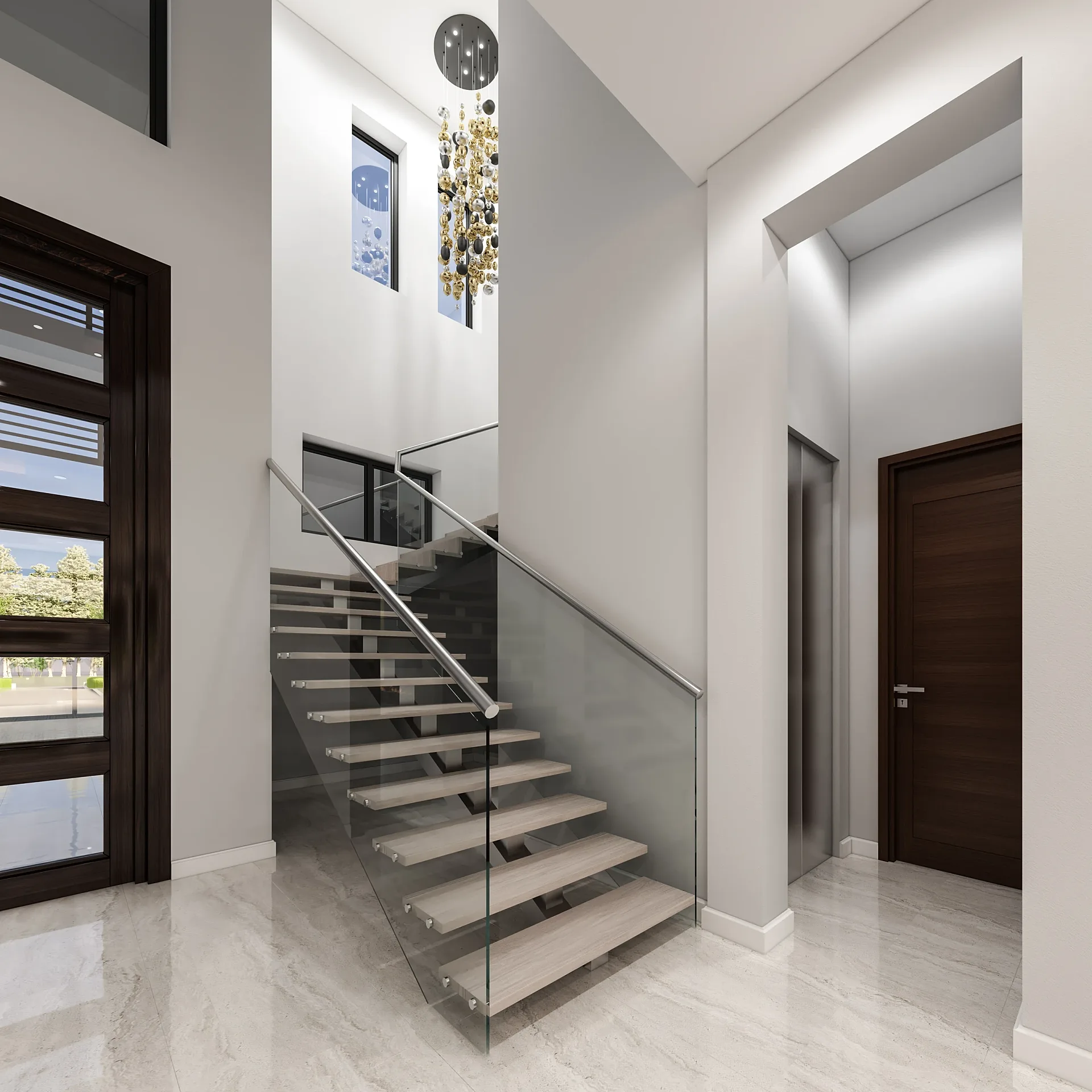 Interior 3D render of a glass-balustrade staircase hall
