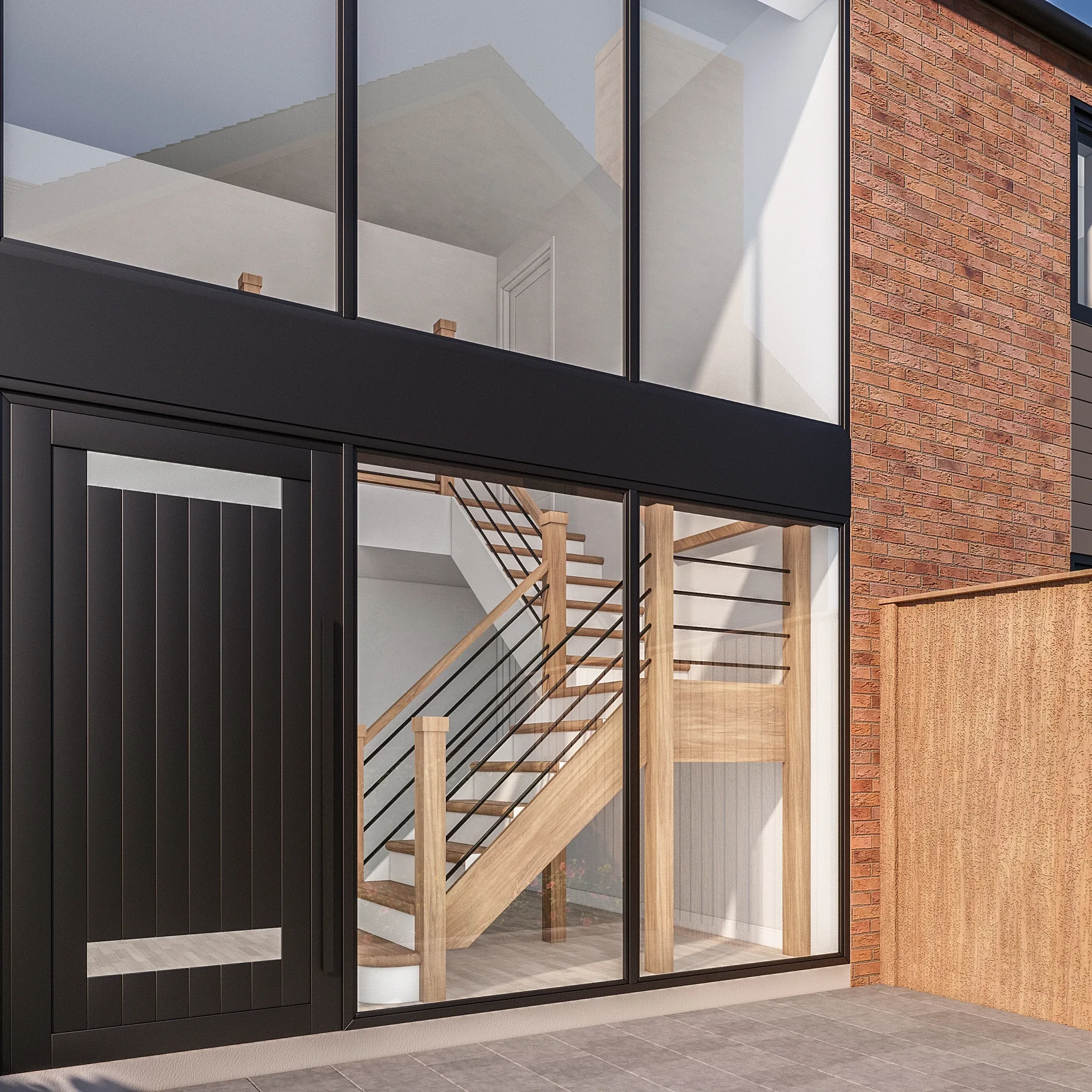 Interior 3D render of a glazed entrance with timber stair