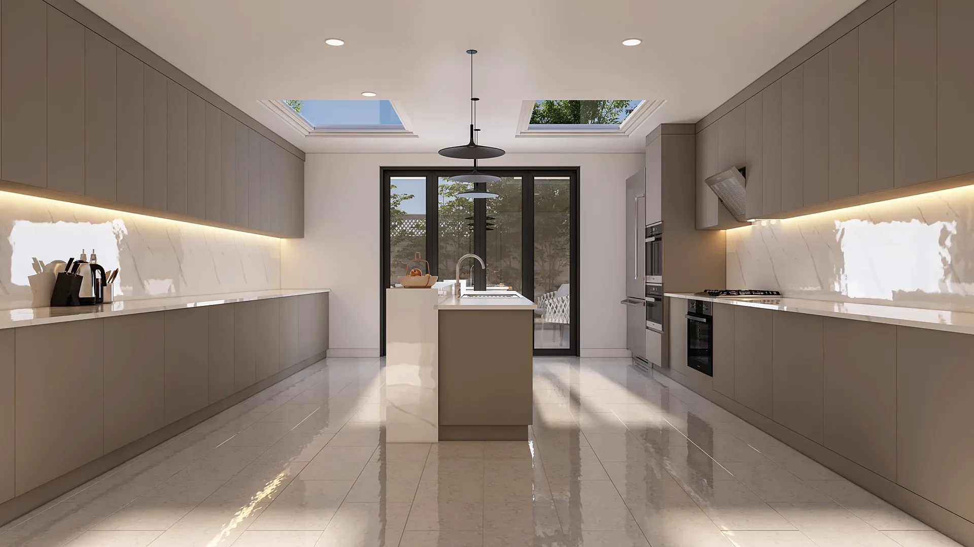 Interior 3D render of a handleless kitchen with skylights and island