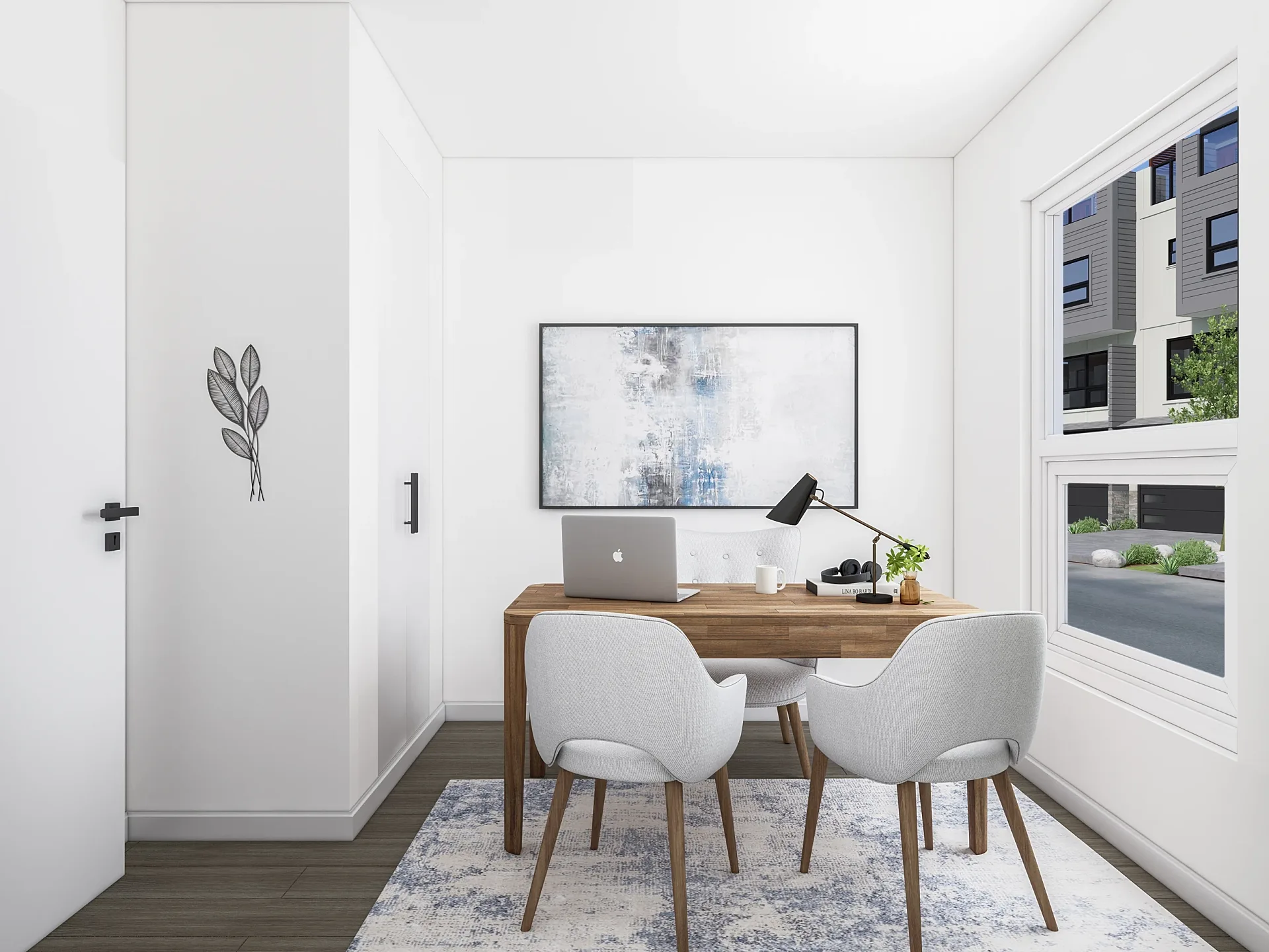 Interior 3D render of a compact home office