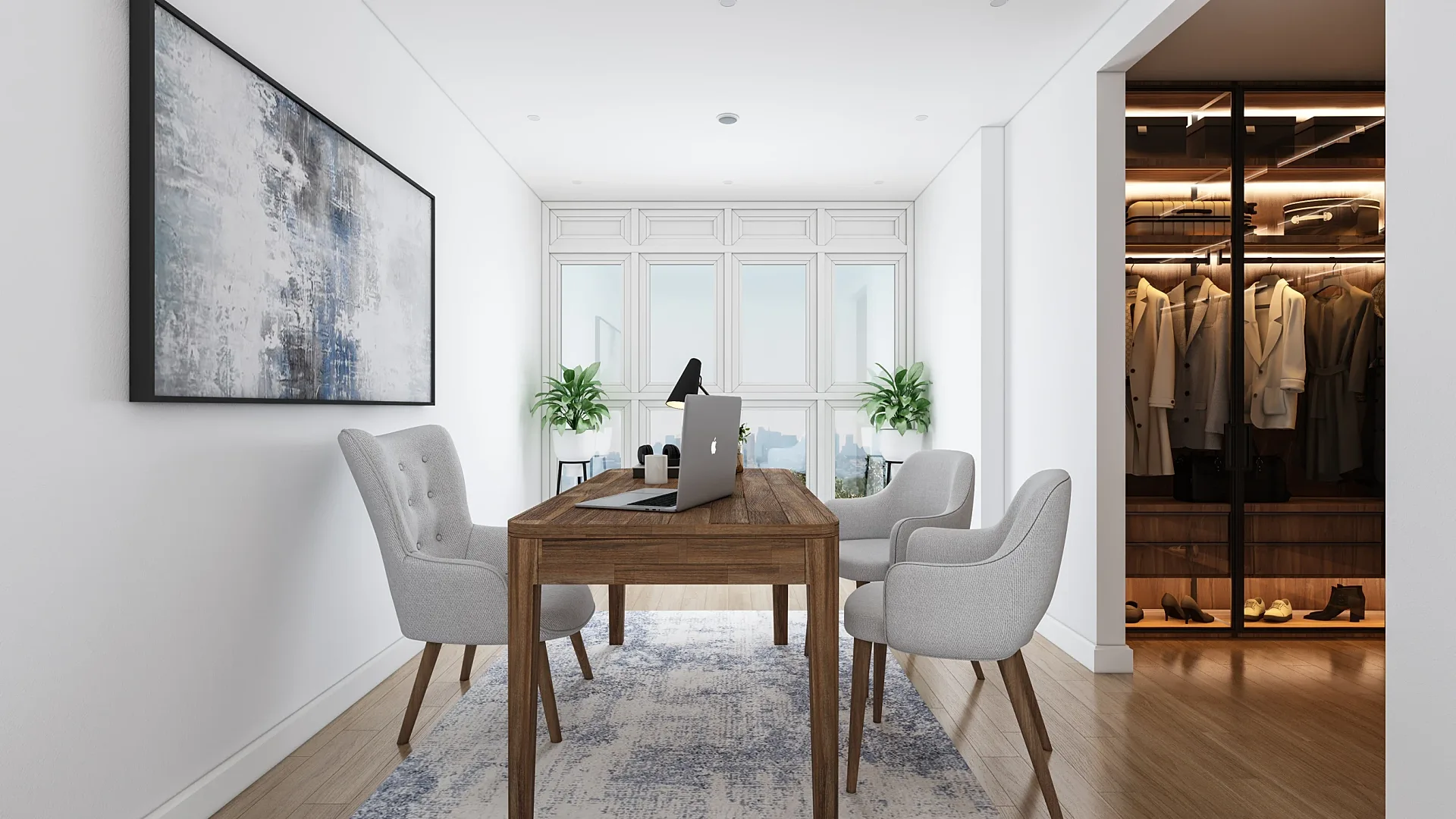 Interior 3D render of a home office with walk-in wardrobe