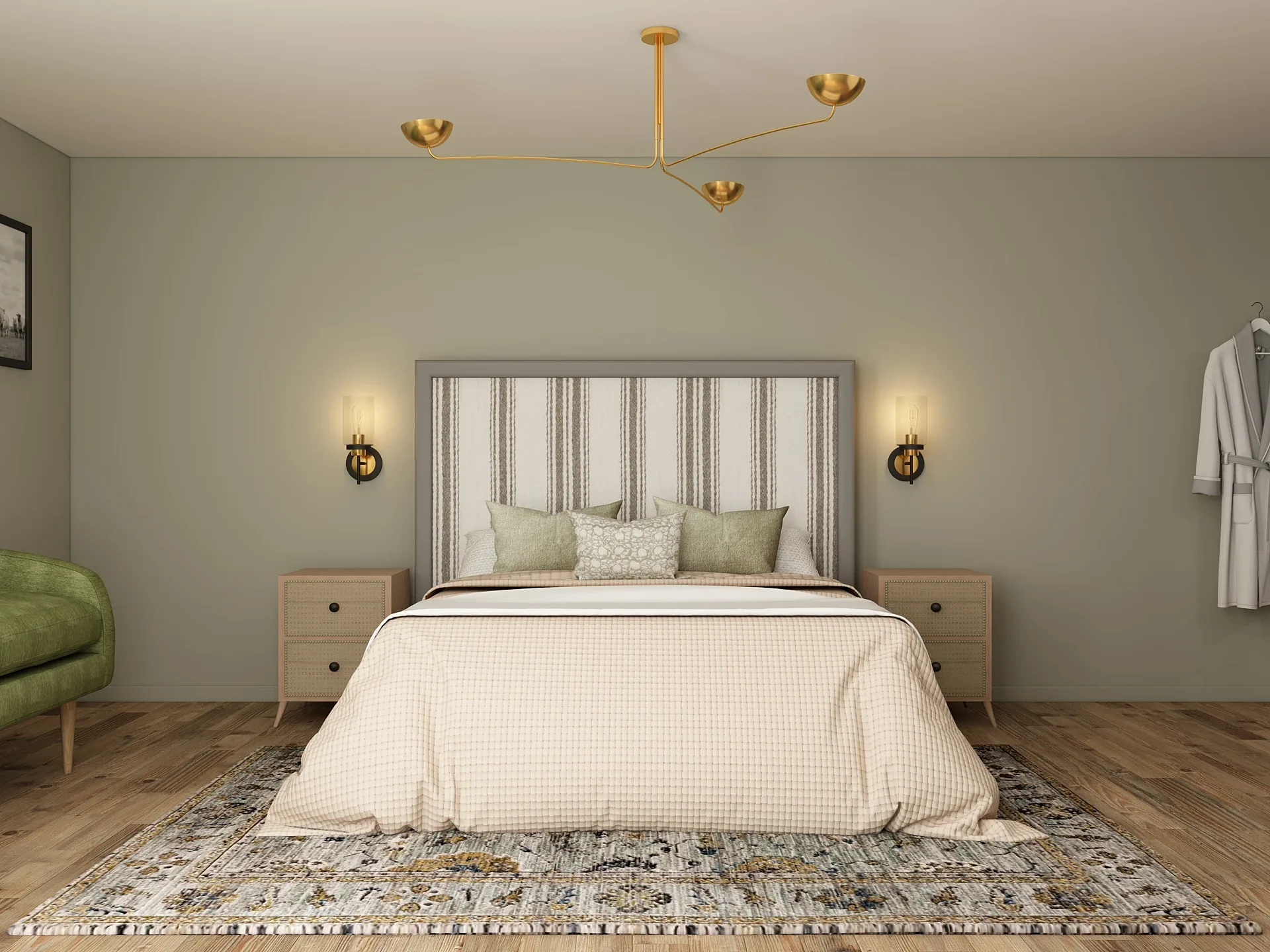 Interior 3D render of a hotel bedroom with upholstered headboard wall