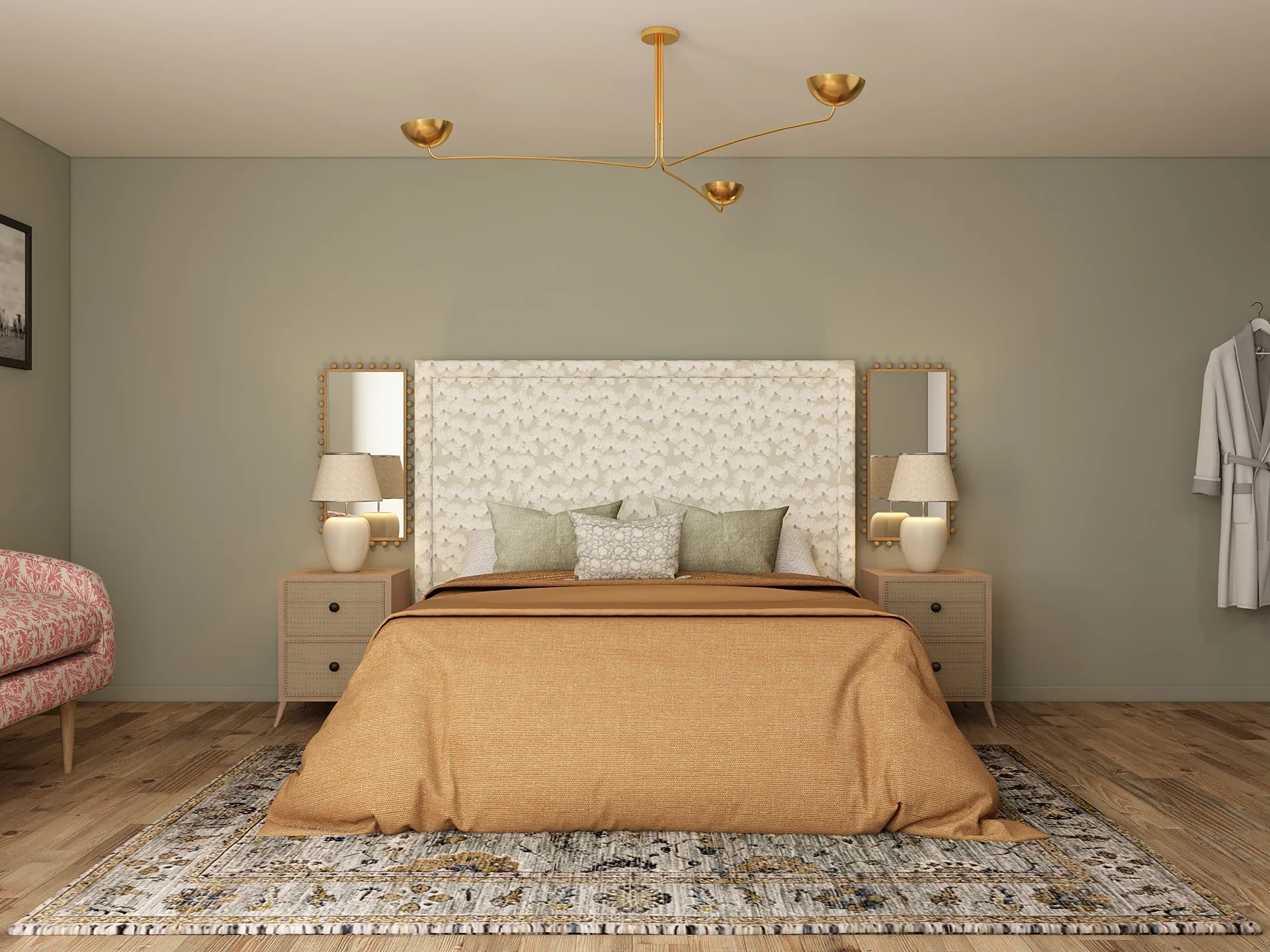 Interior 3D render of a hotel bedroom in a mustard scheme