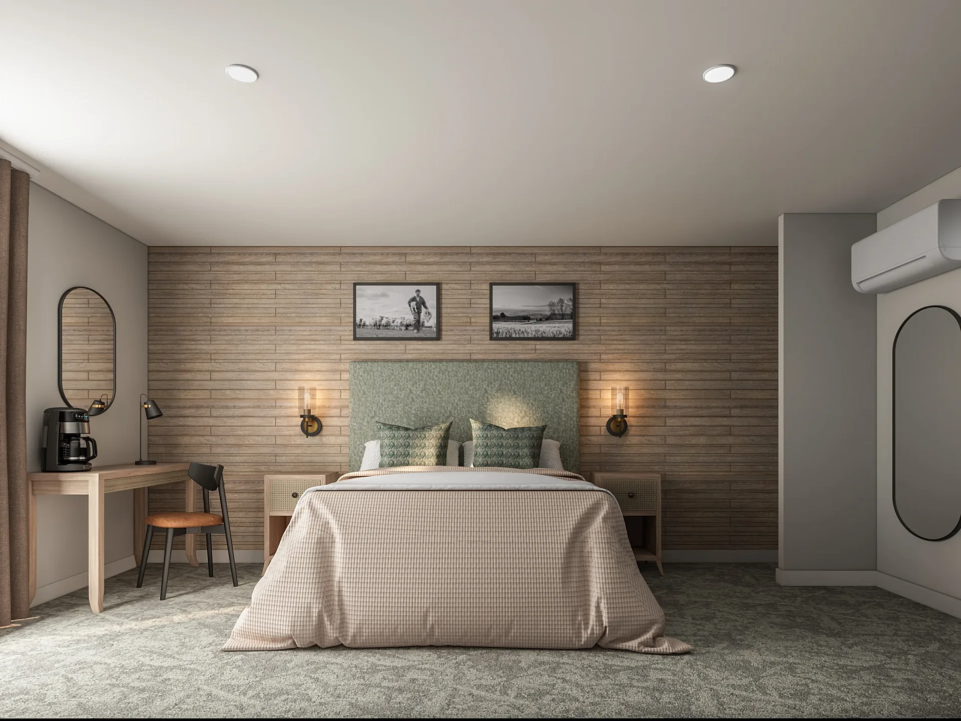 Interior 3D render of a hotel bedroom with timber panelling