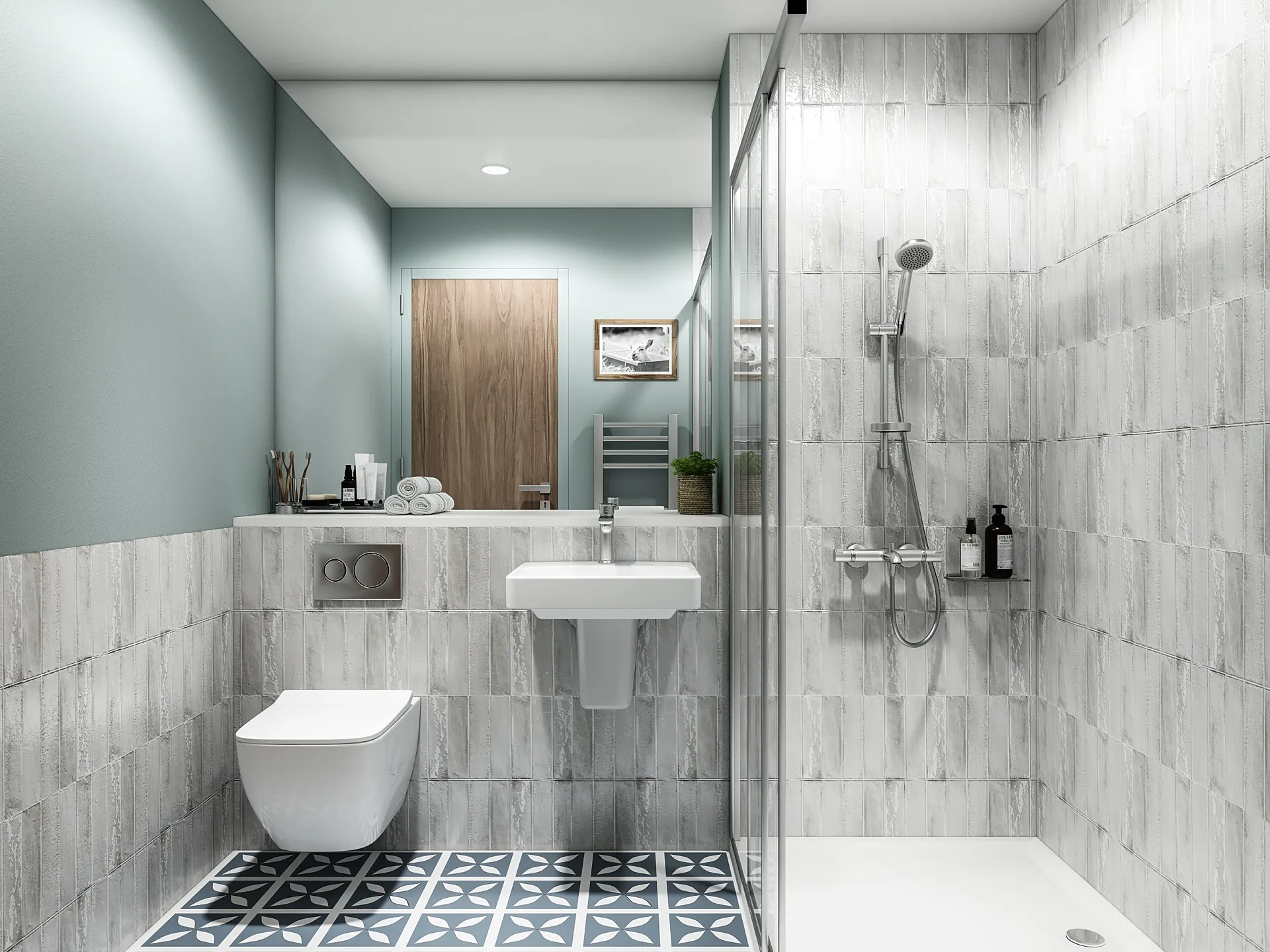 Interior 3D render of a hotel ensuite with walk-in shower
