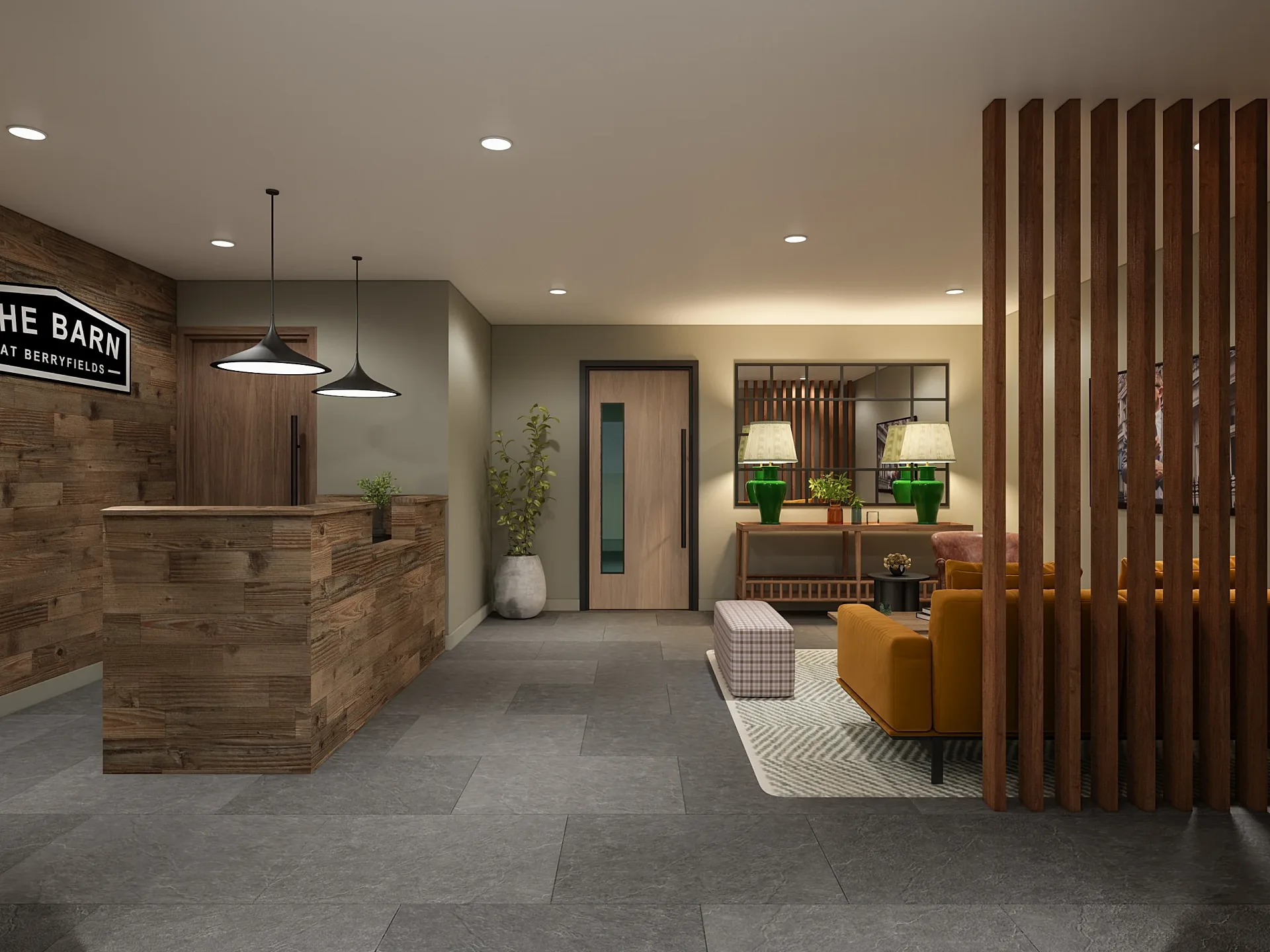 Interior 3D render of a hotel reception and corridor