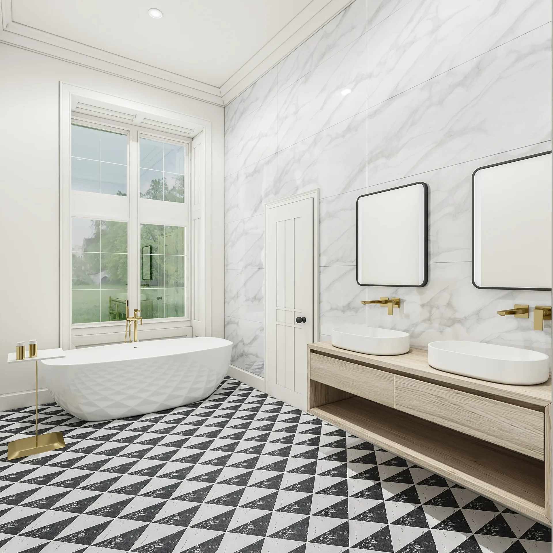 Interior 3D render of a hotel suite bathroom with twin basins