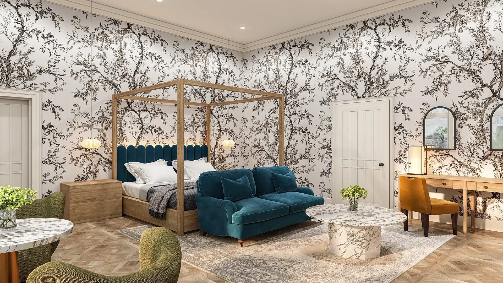 Interior 3D render of a hotel suite bedroom with four-poster bed