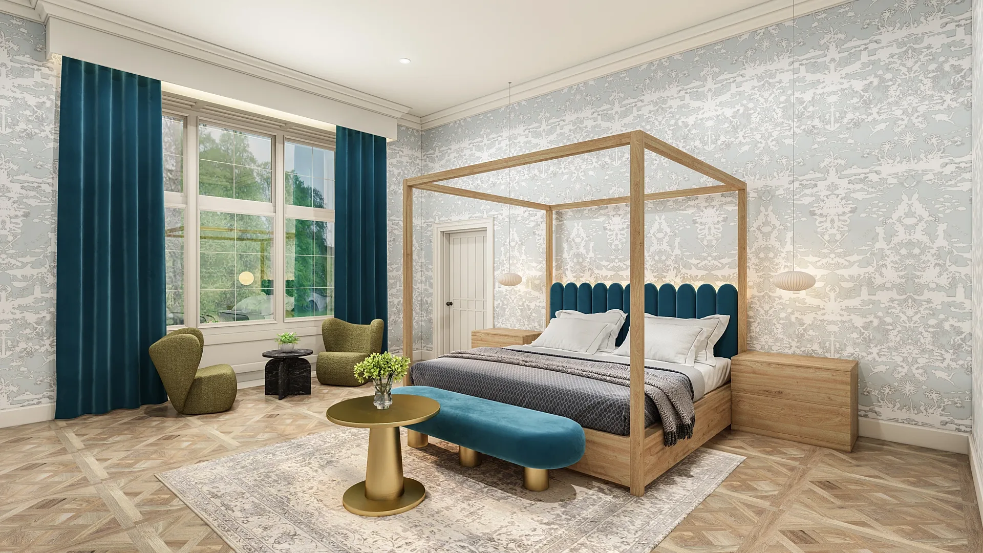 Interior 3D render of a hotel suite bedroom with teal curtains