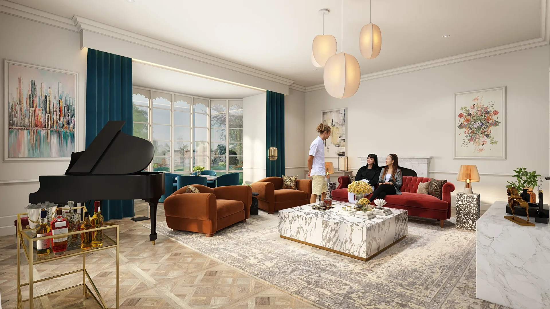 Interior 3D render of a hotel suite living room with grand piano