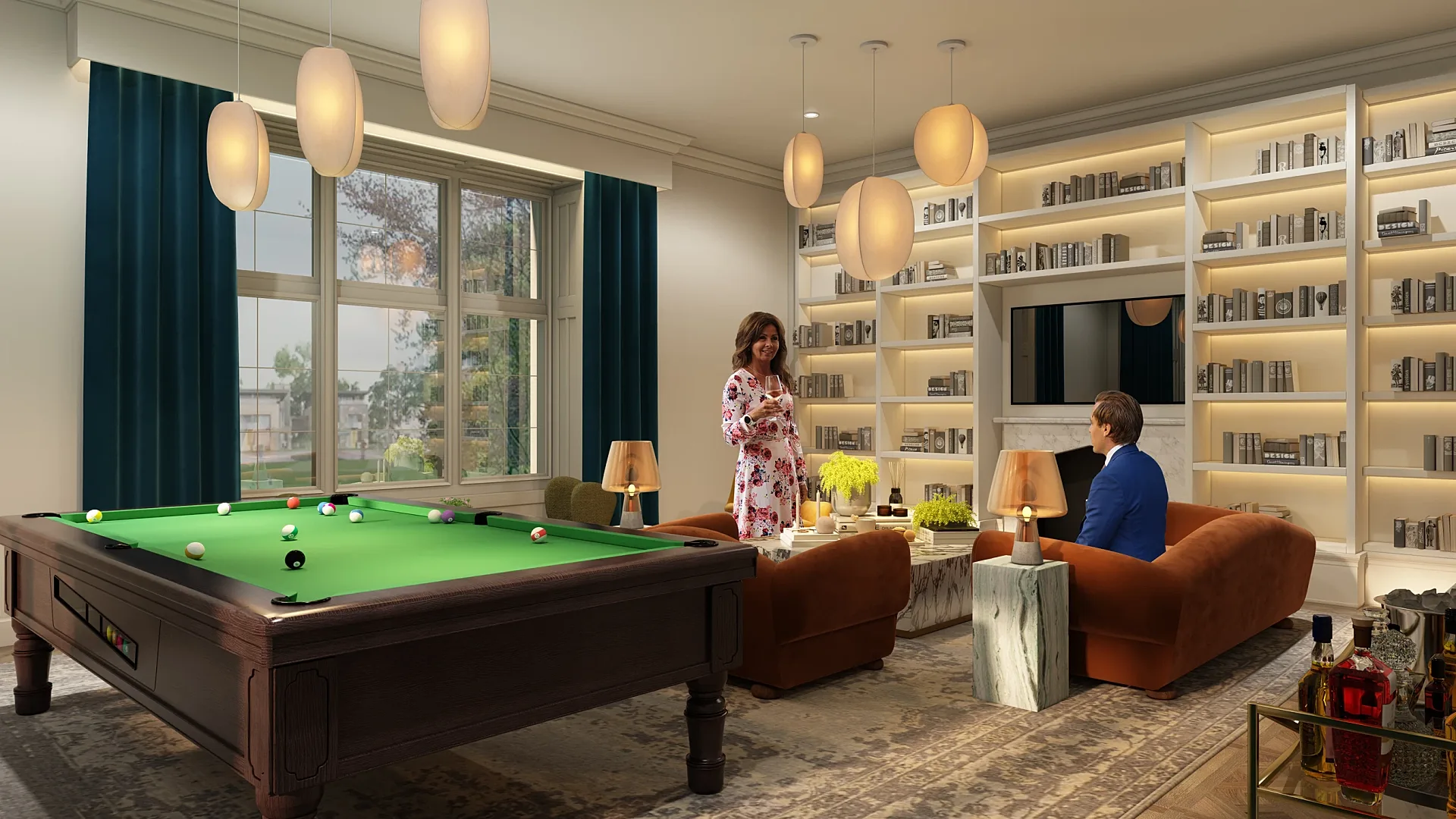 Interior 3D render of a hotel suite lounge with billiard table