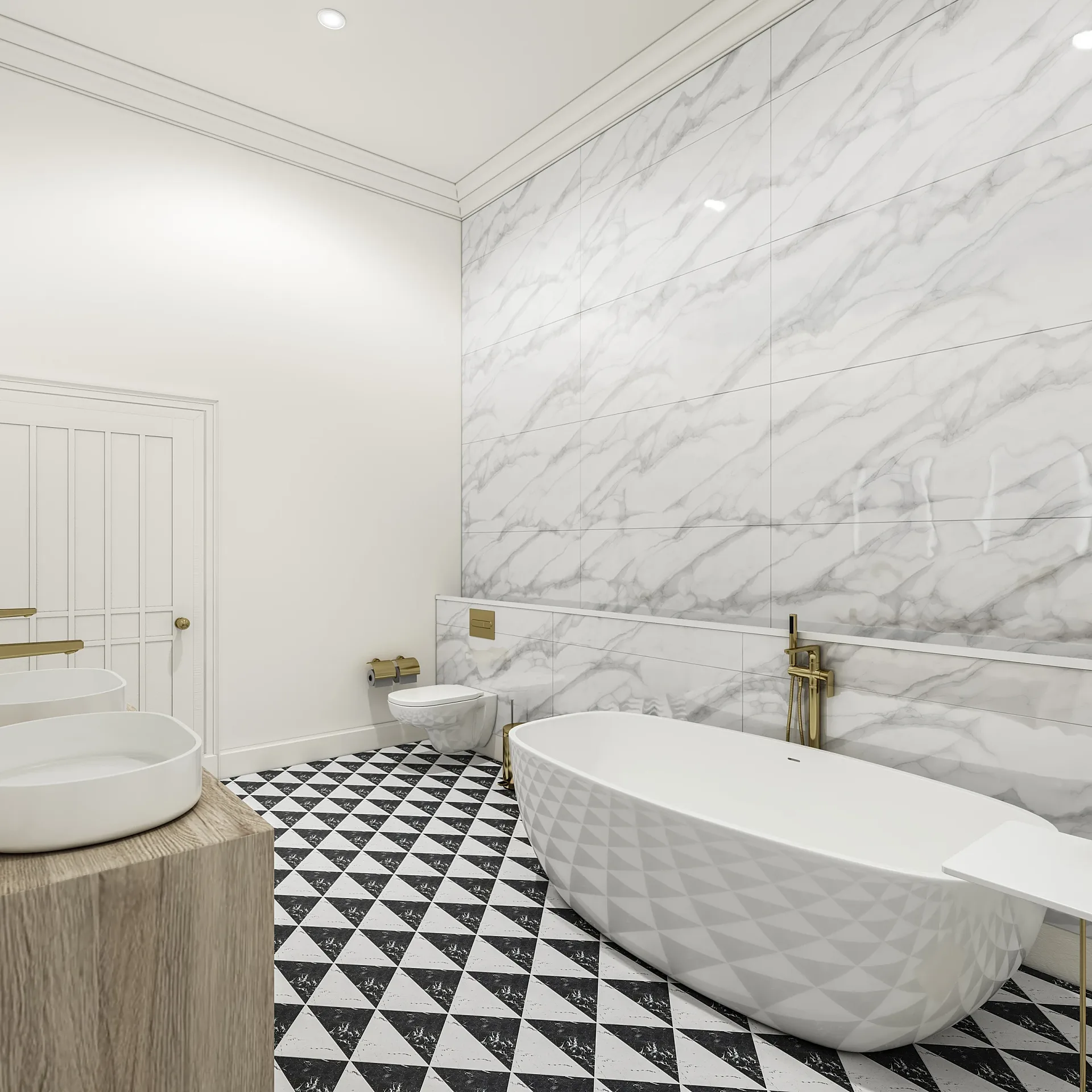 Interior 3D render of a hotel suite marble bathroom