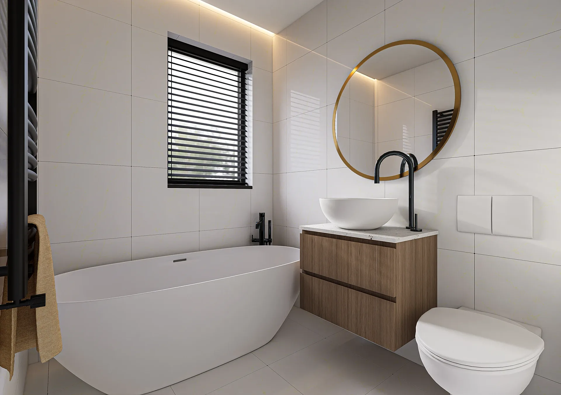 Interior 3D render of a bathroom with freestanding bath and round mirror