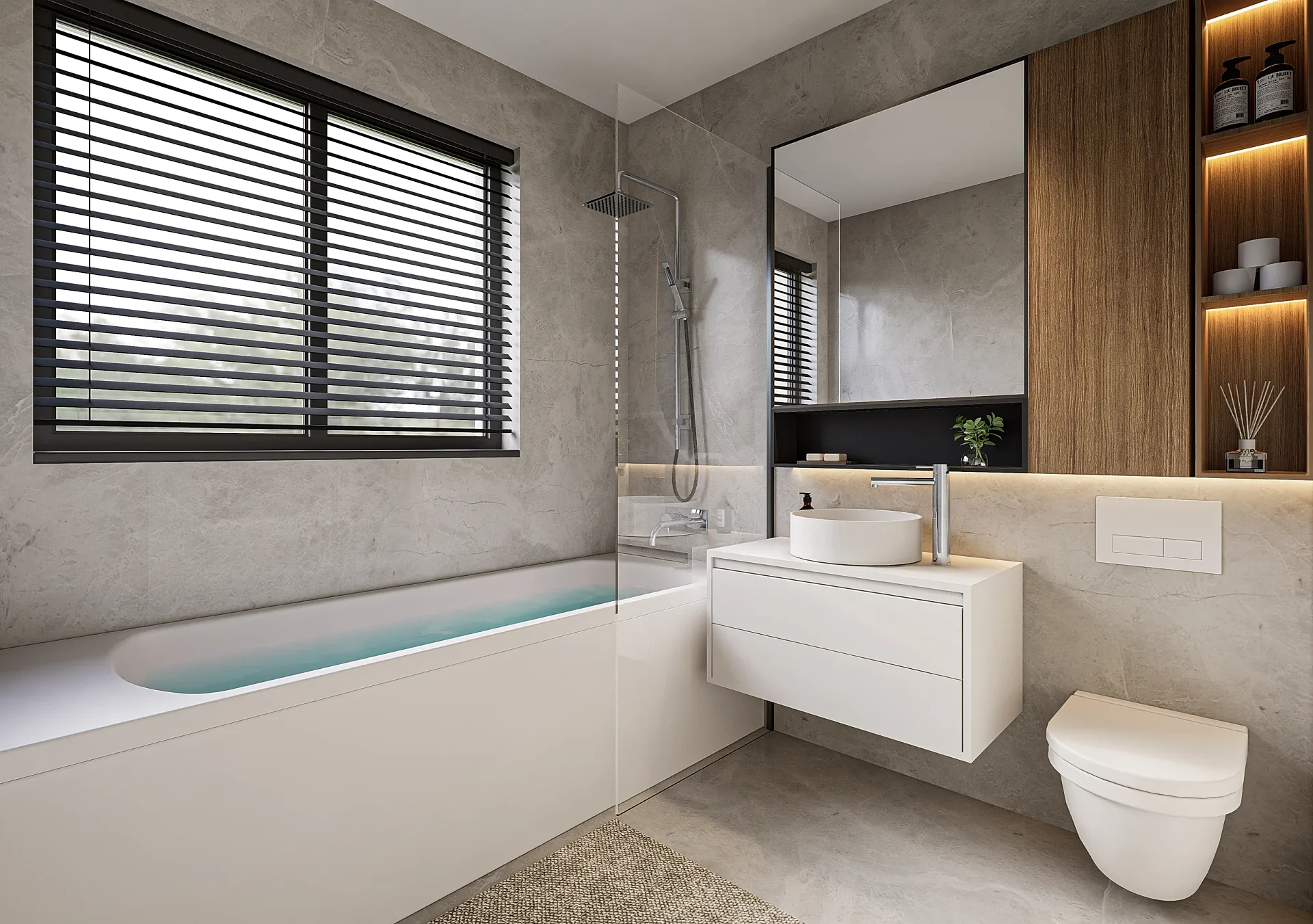 Interior 3D render of a bathroom with timber vanity