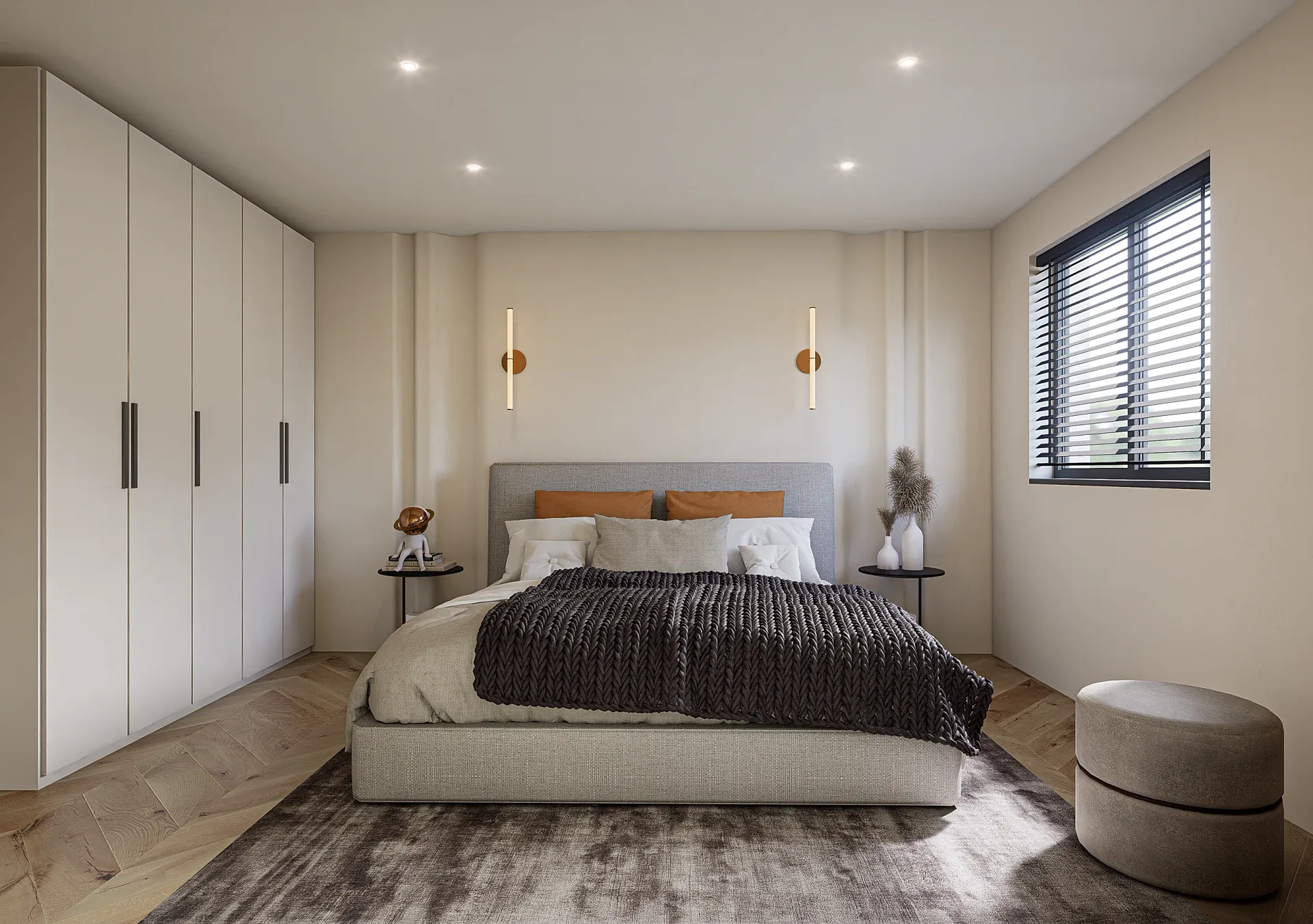 Interior 3D render of a bedroom with fitted wardrobes