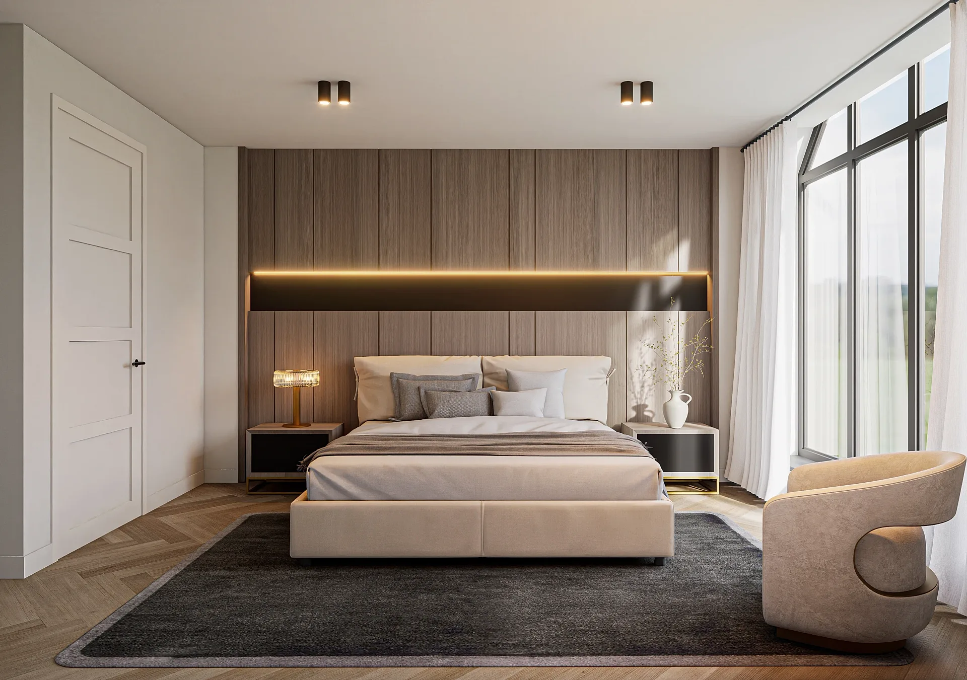 Interior 3D render of a bedroom with panelled headboard wall