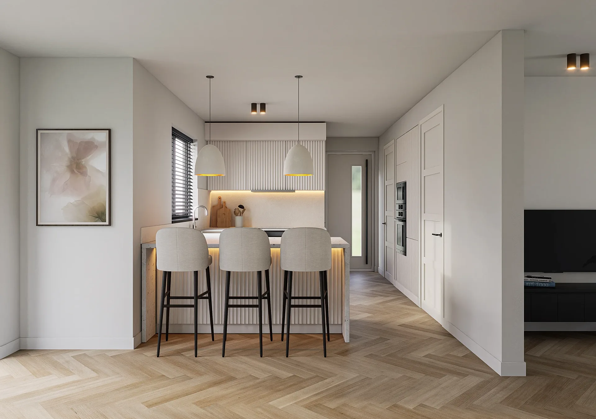 Interior 3D render of a kitchen with breakfast bar