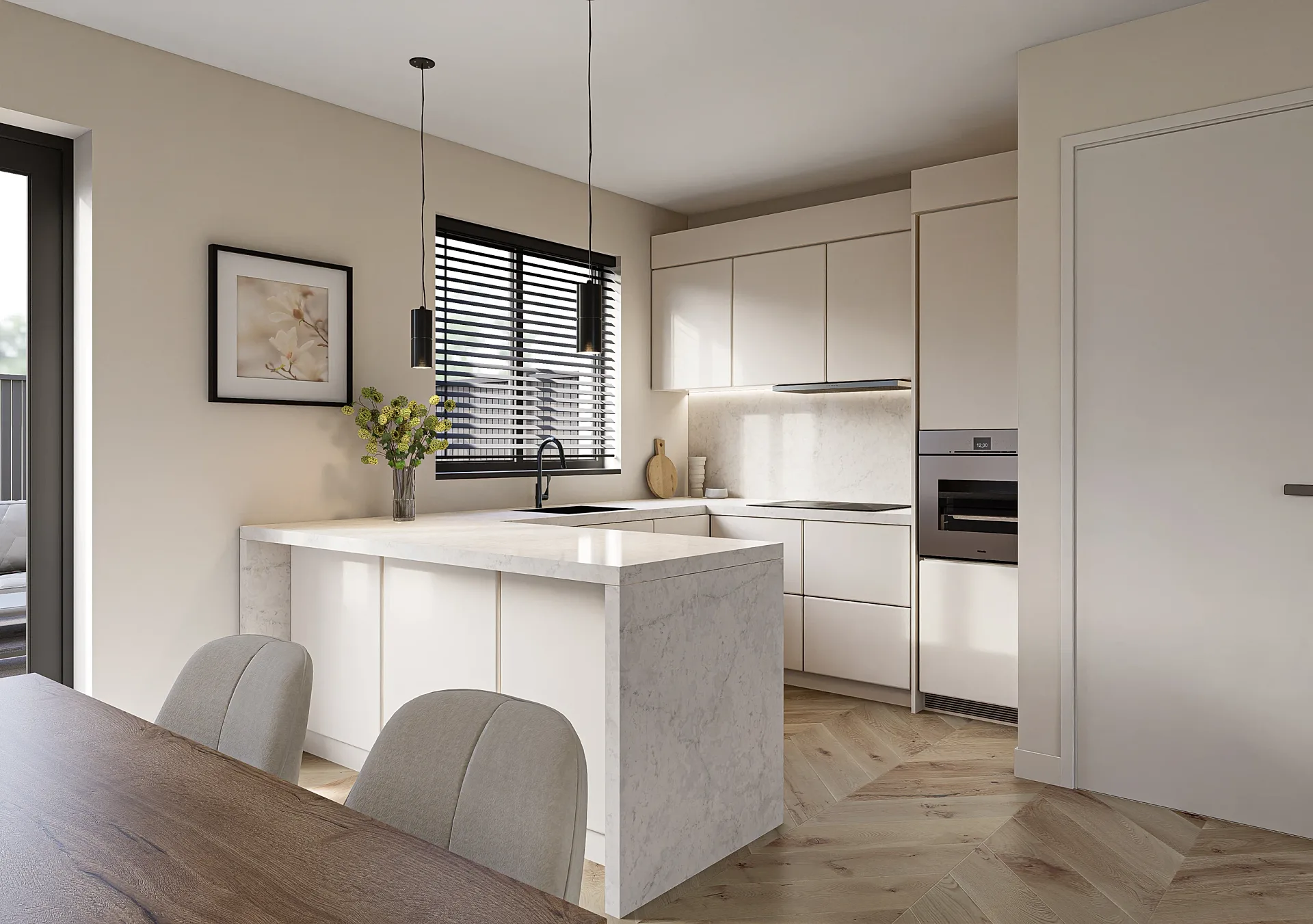 Interior 3D render of a kitchen with island and herringbone floor