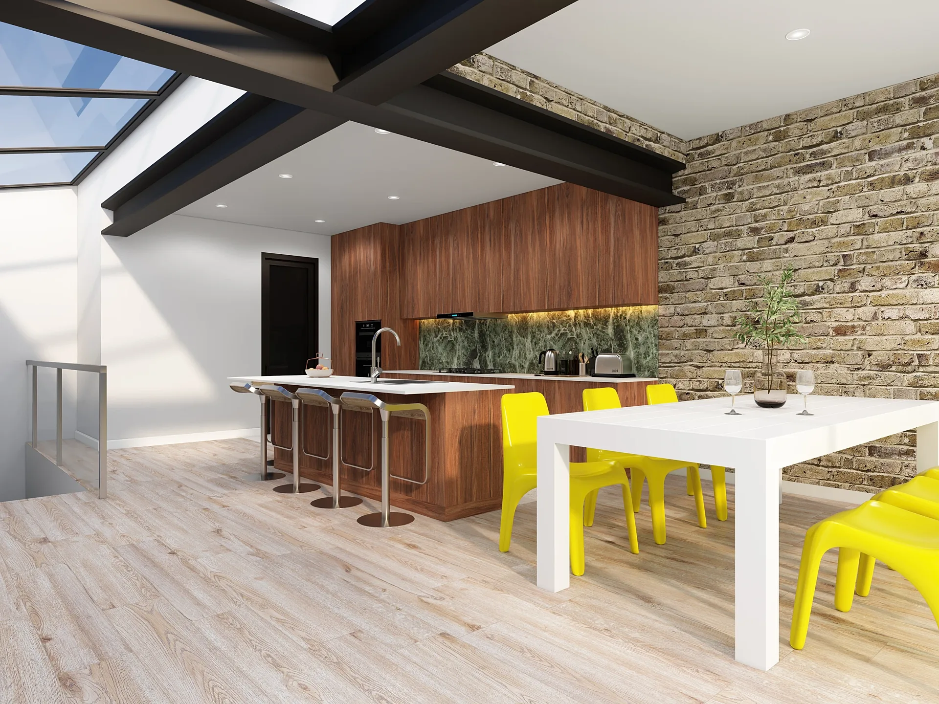 Interior 3D render of kitchen layout option one, view A