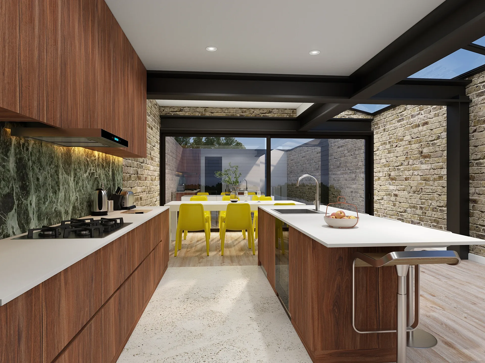 Interior 3D render of kitchen layout option one, view B